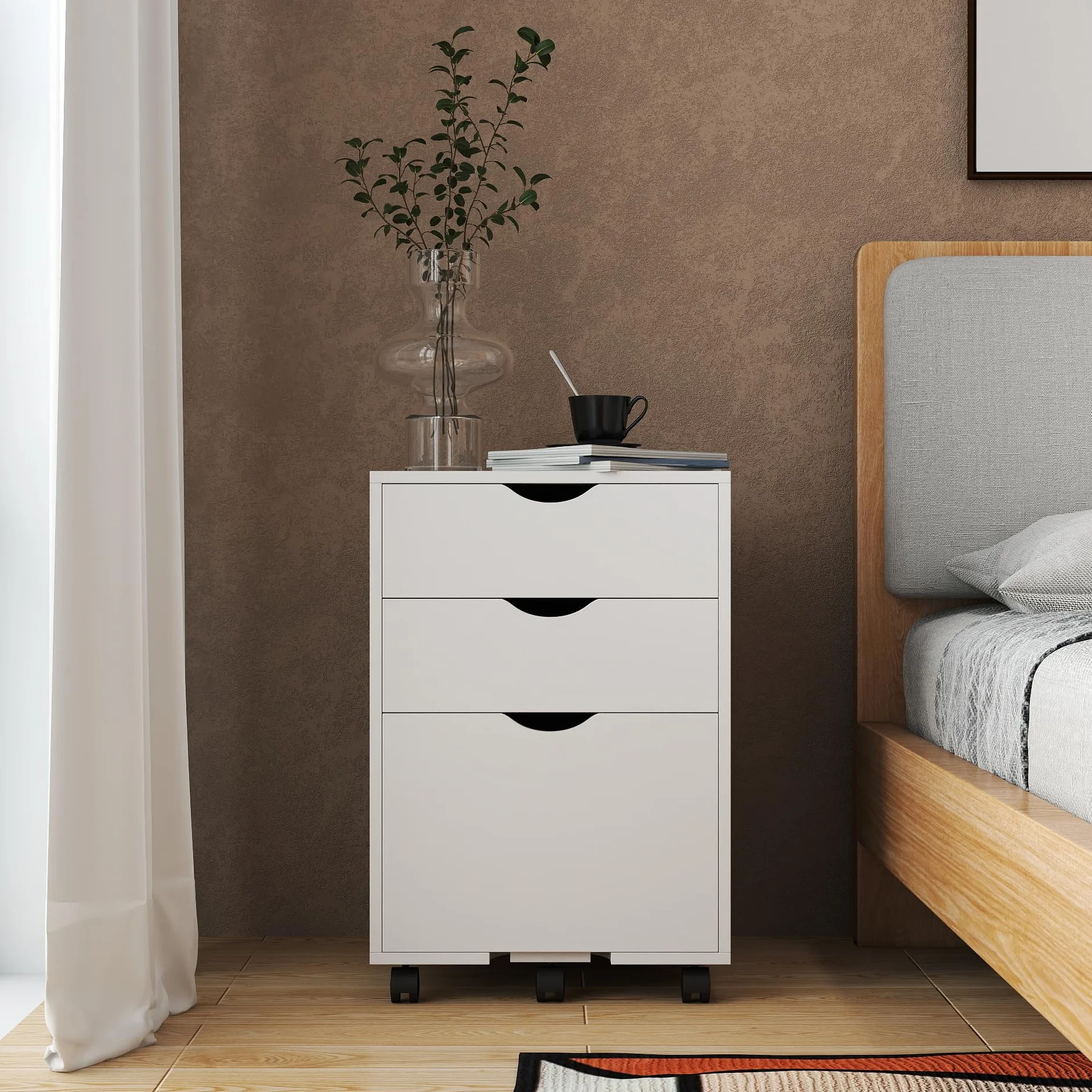 HollyHOME Armario de 3 cajones de madera con ruedas para colgar documentos, color blanco