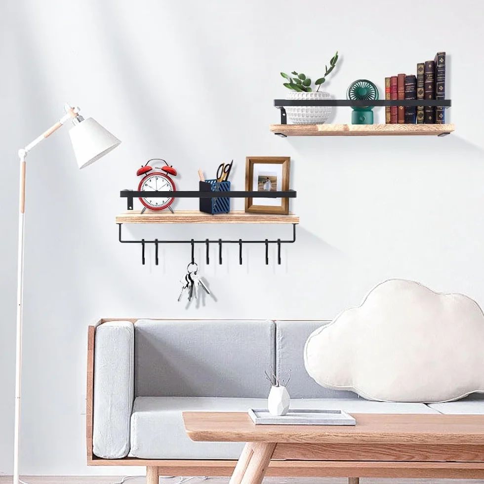 Uten Baldas Pared, Estante de Pared de 2 Niveles, Estante de Pared de Madera, 42 cm de Largo, 8 Ganchos, Adecuado para Dormitorio, Cocina, Baño, Sala de Estar, Solución Perfecta para Ahorrar Espacio