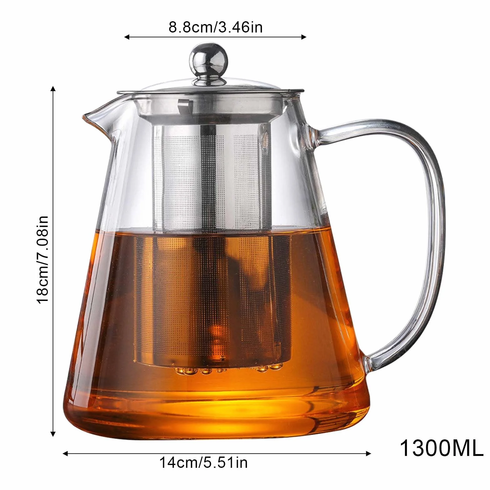 Tetera con colador y tapa, 1300 ml, tetera de vidrio borosilicato, tetera de cristal con filtro extraíble, tetera de cristal, resistente al calor, para té suelto, té de fruta, té perfumado
