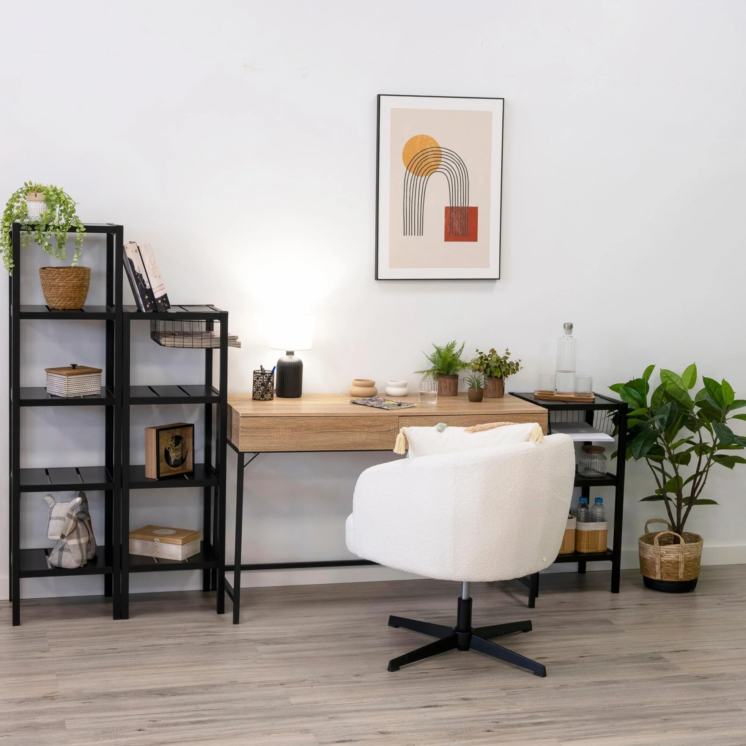 LOLAhome - Sillón Giratorio Regulable en Altura tapizado Borreguito Blanco para salón o Dormitorio. Diseño Redondo Moderno y ergonómico Que aporta Elegancia, Estabilidad y un Tacto Acogedor