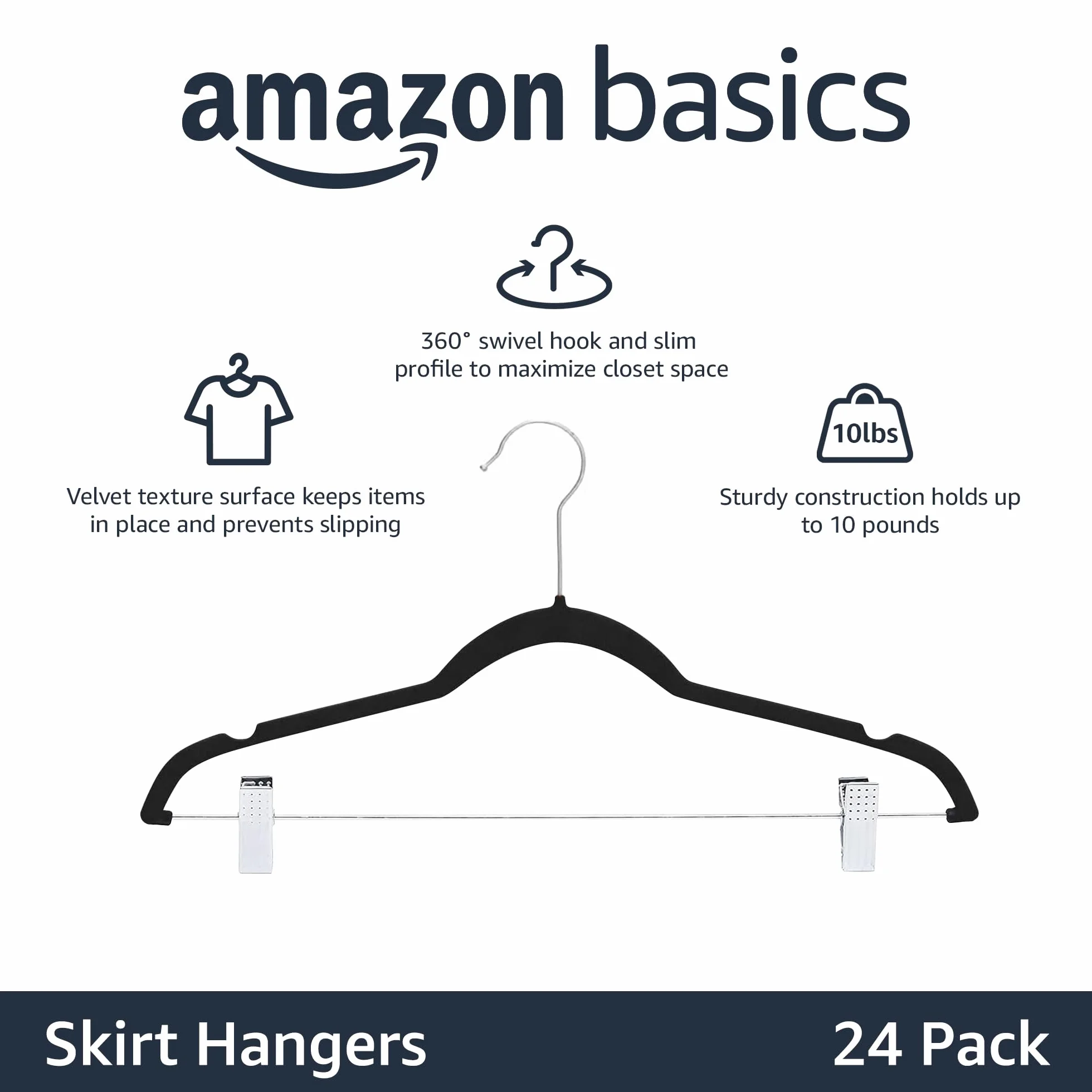 Amazon Basics 24unidad Perchas de terciopelo para faldas, Color negro