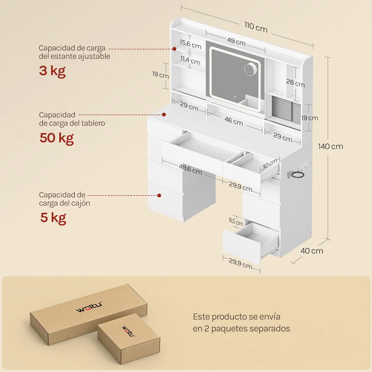 WOLTU Tocador de Maquillaje con 9 Cajones, 1 Bandeja de Joyas, Mesa Tocador Blanco con Espejo y Luz LED Ajustable, Estantes Abiertos, Estilo Moderno para Dormitorio