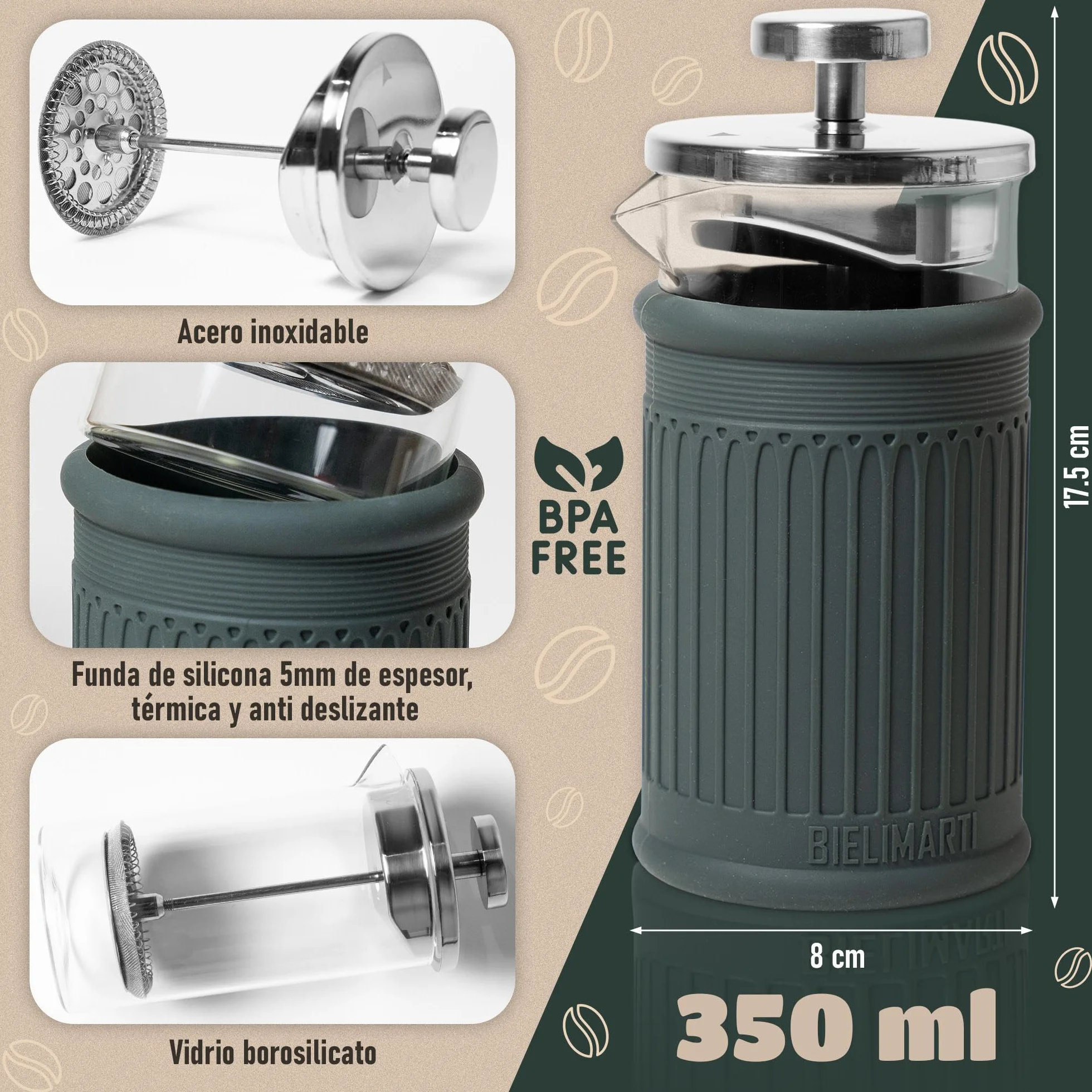 Cafetera de Prensa Francesa, 350 ml, Vidrio Borosilicato, Funda de Silicona Térmica,french press,cafetera de embolo (gris)