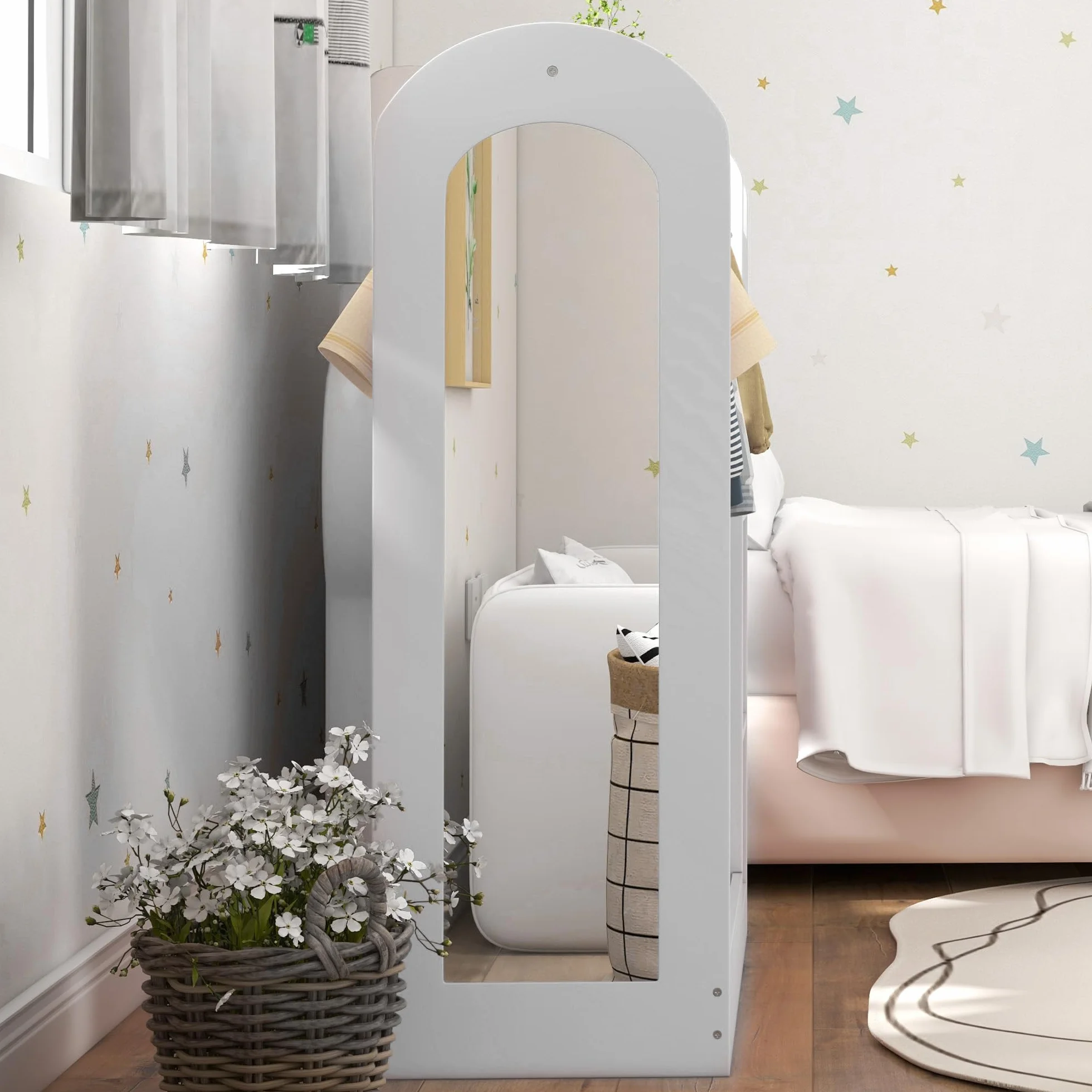 AIYAPLAY Perchero de ropa para niños con estante de almacenamiento, cajas y espejo, armario blanco