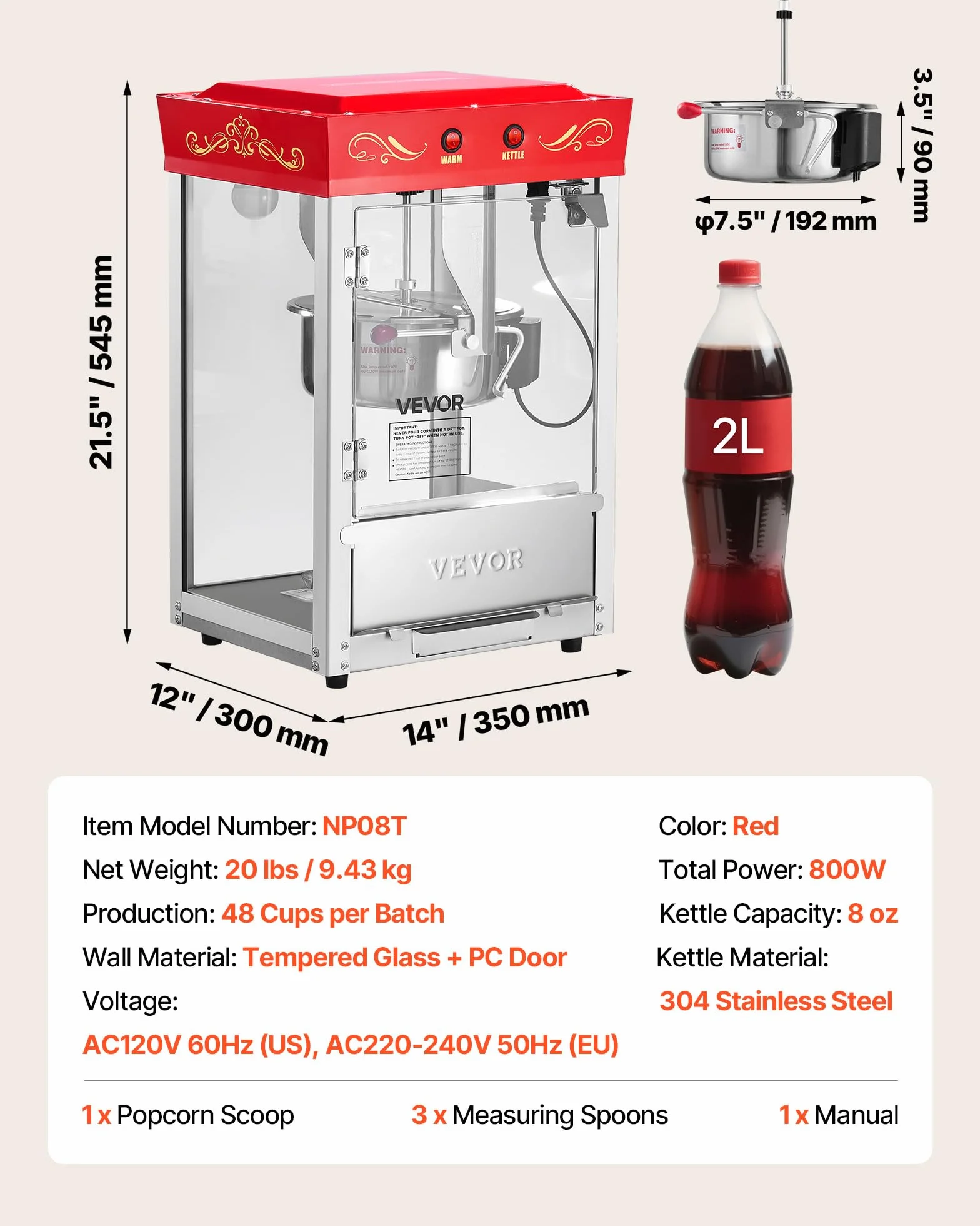 VEVOR Máquina de Palomitas con Hervidor de Acero Inoxidable de 0,2 kg, 800 W, 48 Tazas, Estilo Cine, con Control de 2 Botones, Puerta de PC con Panel de Vidrio, 1 Cucharada y 3 Cucharas, Rojo