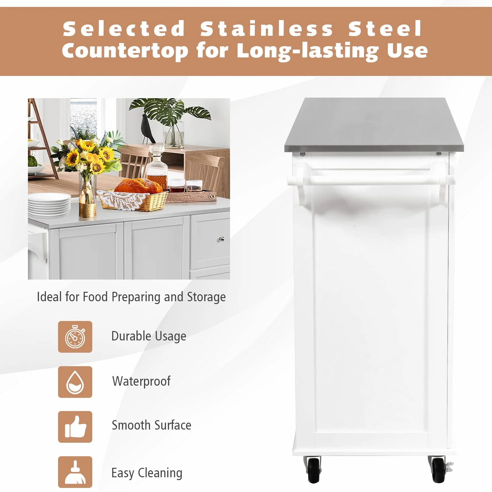 GIANTEX Carro de Cocina con 2 Puertas y 3 Cajones, Isla de Cocina con Ruedas y Tablero de Acero Inoxidable, Asa Lateral y Especiero, 135x45,5x91,5 cm, Mueble Auxiliar para Comedor (Blanco)