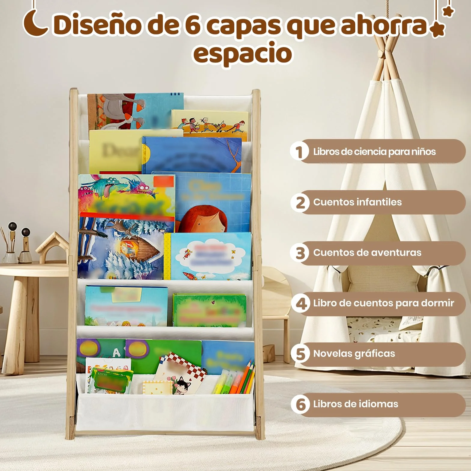COSYLAND Estantería Infantil 7 Niveles Organizador Libros Dormitorio Guardería Sala Juegos Natural Mediano