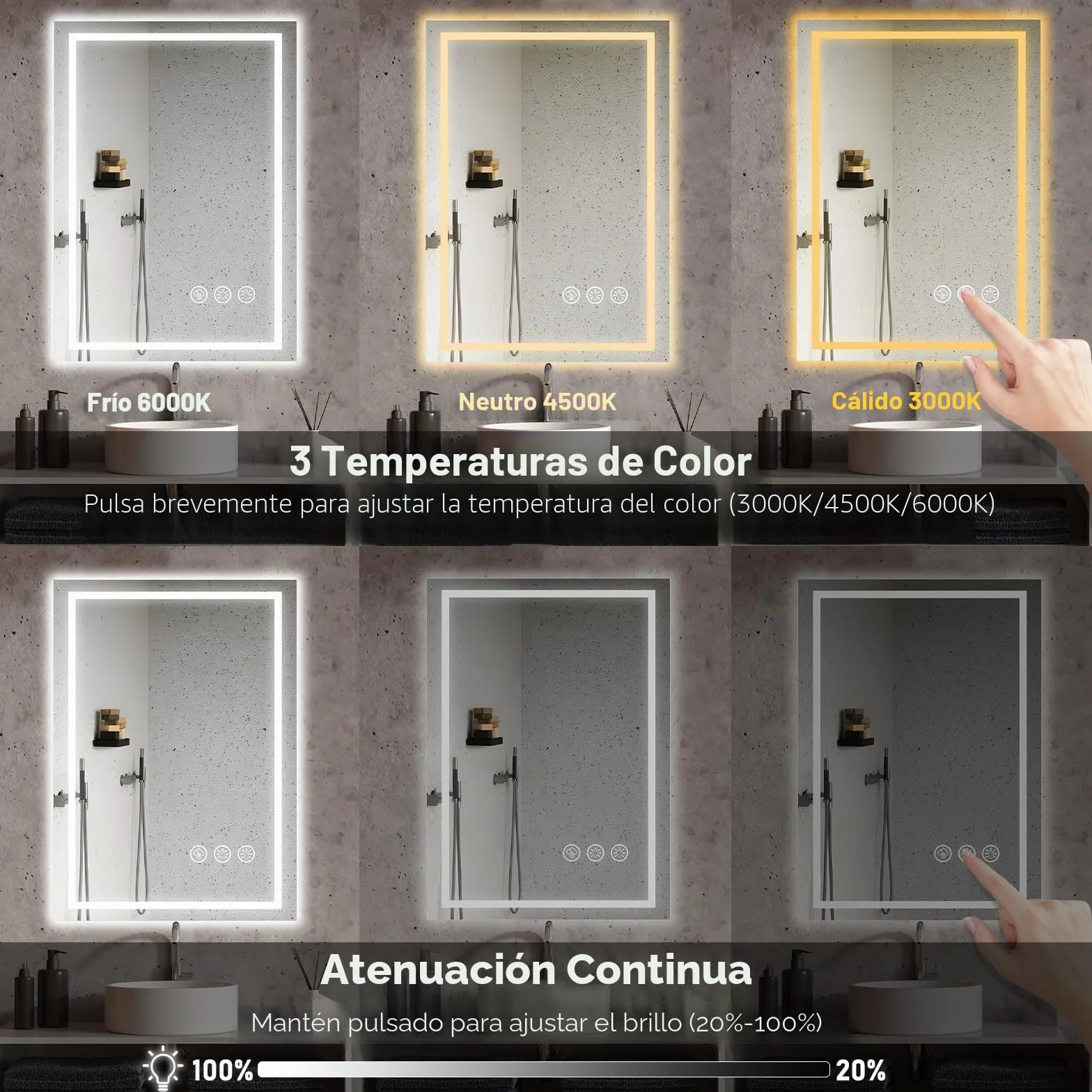 Espejo Baño con Luz 50x70cm LED Antivaho Regulable 3 Colores Luz Función Memoria