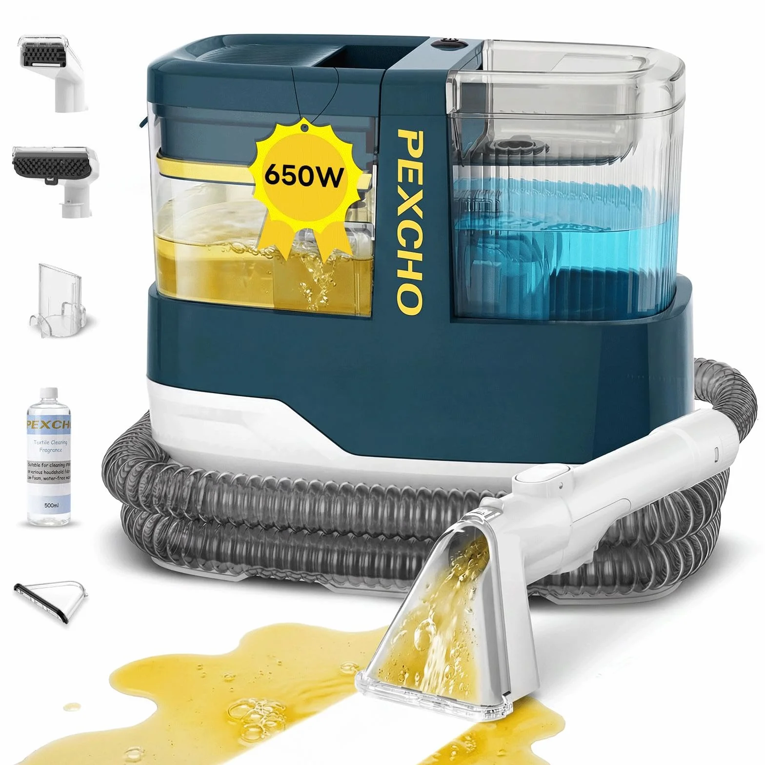 PEXCHO Limpiador de Tapicerias 18kPa Aspiradora de Agua Tapiceria 650W Maquina Limpia Tapicerias para Sofas Alfombras Coche Colchones y Mascotas con Autolimpieza,Depositos Extraibles,Tubos flexibles