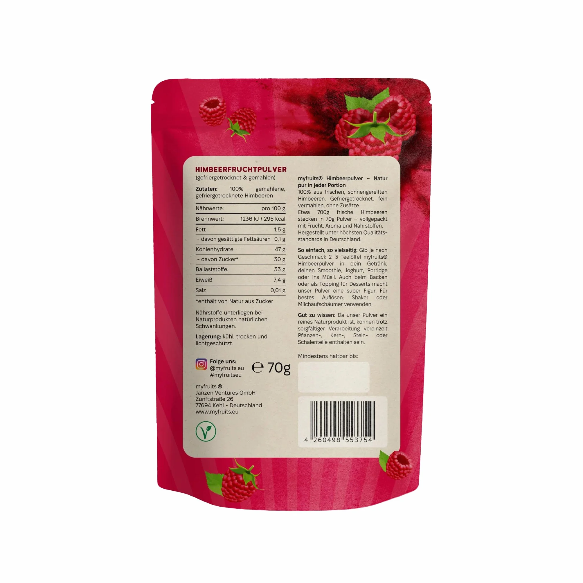 myfruits Polvo de frambuesa liofilizado 70 g sin aditivos 100% secas y molidas para batidos y yogur
