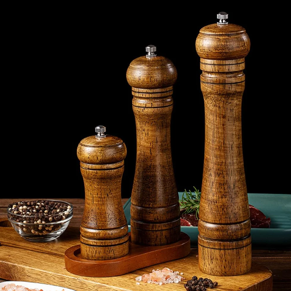 Molinillo de pimienta de madera, molinillo de sal manual, molinillo de pimienta ajustable de grosor recargable, triturador de granos de pimienta, para cocina, mesa, herramientas de condimento, 25,4 cm