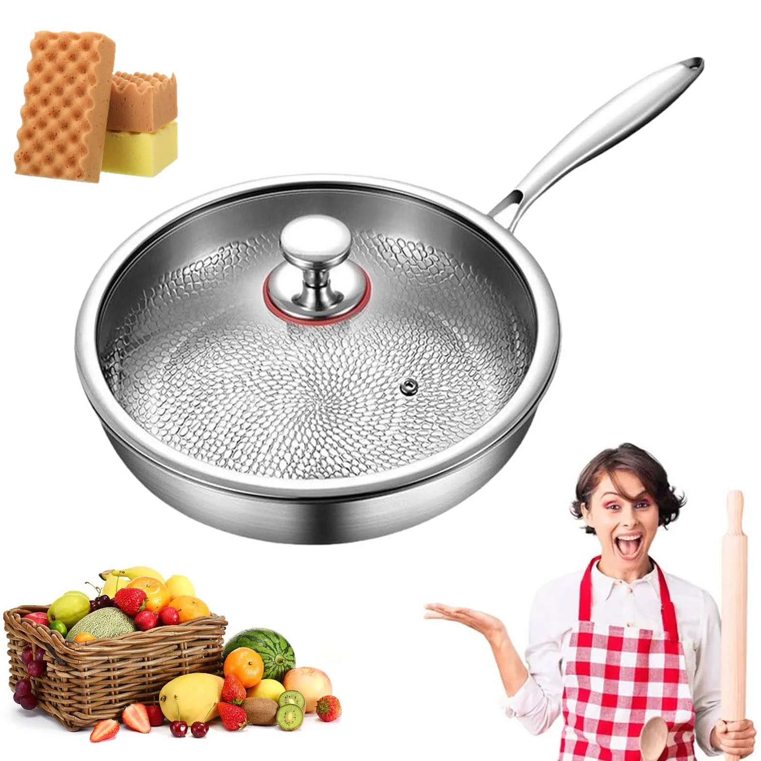 26/28/30cm Sartén De Titanio, Sarten Titanio Puro Antiadherente, Sarten Acero 304 y Titanio, Fondo De Olla De 5 Capas, Incluso Calentamiento, Compatible Con Inducción (26cm)