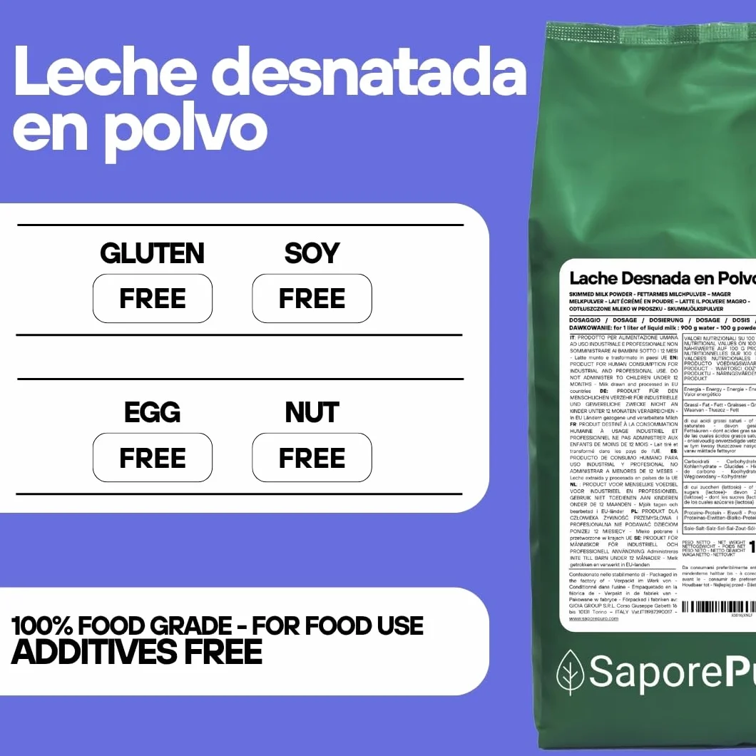 SaporePuro Leche Desnatada en Polvo 1 kg – Leche para Consumo Humano, Ideal para Pasteles, Pan y Helados, Sin Gluten