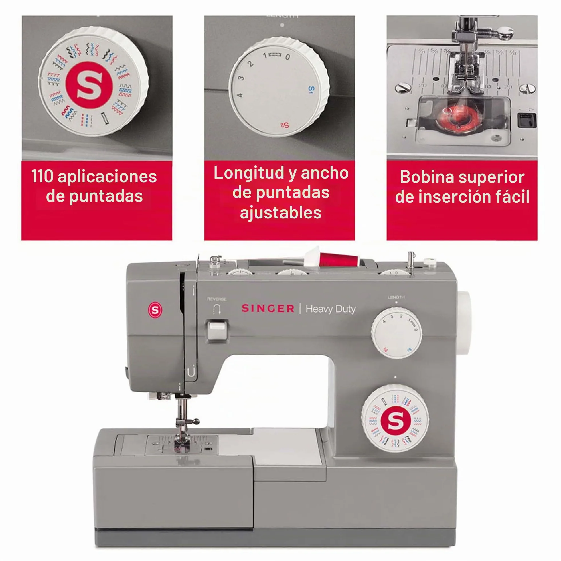 Singer Heavy Duty 4432 Máquina de Coser Mecánica, 32 Puntadas, Motor Potente, Ojal Automático, Enhebrador Automático, Placa de Refuerzo de Acero Inoxidable