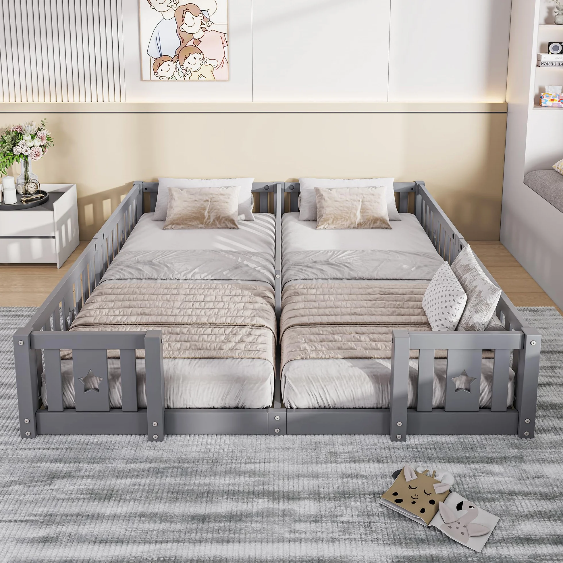 Cama en el suelo de 90 x 200 cm, cama infantil con barrera, cama montessori, madera maciza, camas dobles, para habitación de niños y niñas, sin colchón (gris A, 188 x 206 x 40)