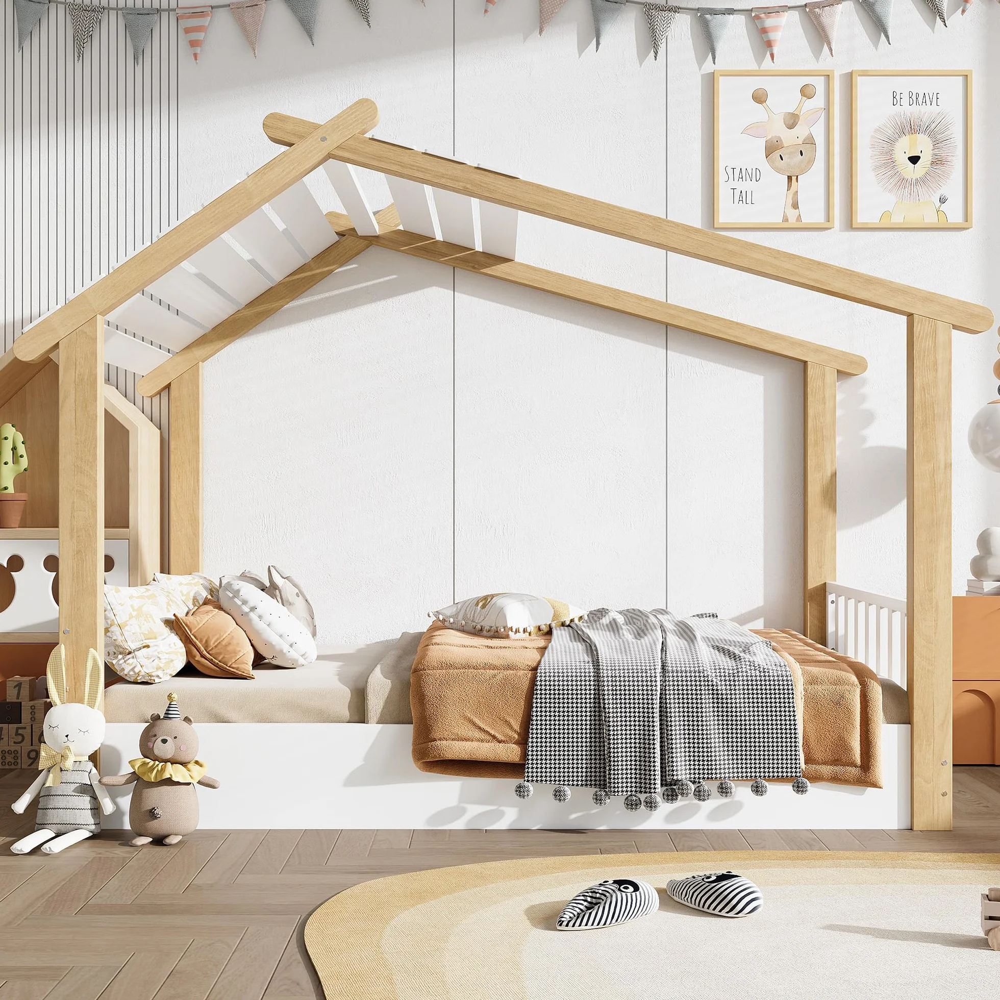 Cama Infantil 90x190 cm, Cama de Casa con Techo, Cama Nido para niños y niñas, Cama de Madera con Valla, Cama Familiar Individual con Protección Anticaídas y Somier, Blanco, Sin Colchón