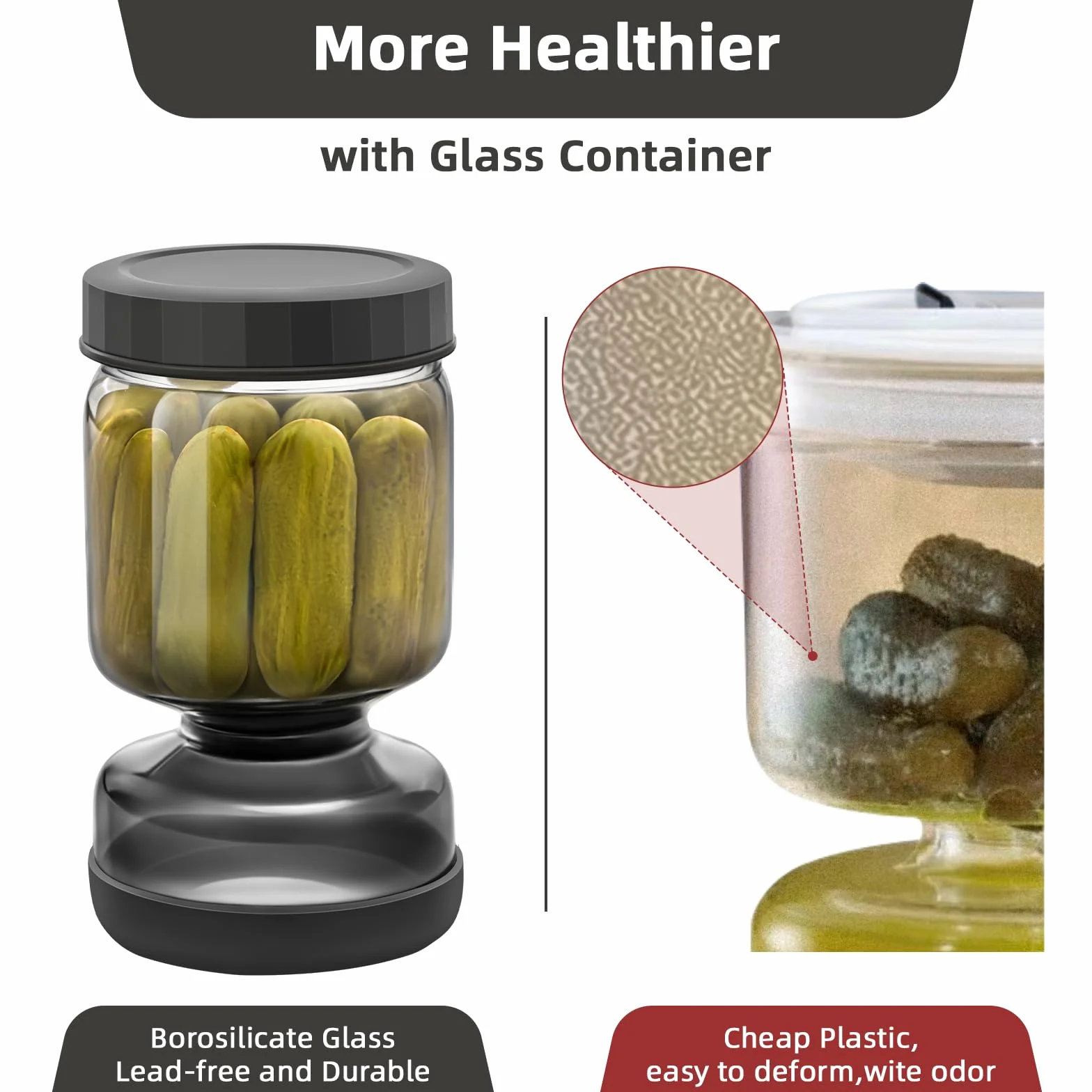 WhiteRhino Tarro de pepinillos con colador Flip,1L Recipiente de para pepinillos con doble a prueba de fugas,Tarro de cristal separador de jugo de pepinillos Flip Pickle y Olive Hourglass Jar(Gris 1L)