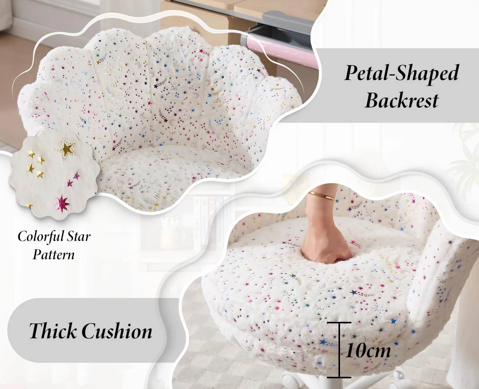 chairus Silla Escritorio Niña de Terciopelo Silla Infantil Giratoria con Ruedas, Sillas de Estudio con Forma de Flor para Niños, Blanco