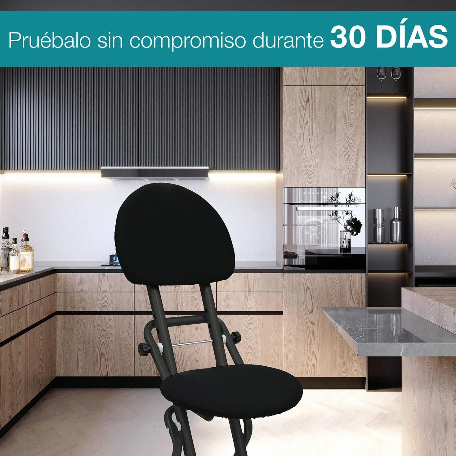 ELONEO Silla Plegable Acolchada - Antideslizante, Cuida la Espalda, Taburete Ahorra Espacio, 3 Alturas (58-65 cm), Carga Máxima 120 kg, 45 x 98 x 47 cm (Negro)