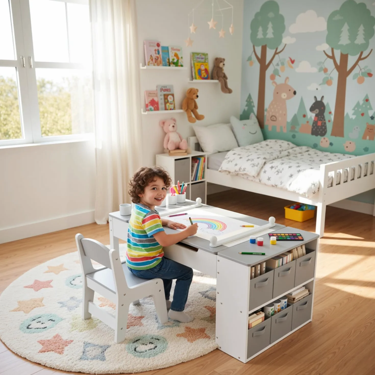 MAMIZO Mesa y Sillas Infantiles Madera con 2 Sillas, Mobiliario Infantil con Espacio de Almacenaje para Niños a Partir de 3 Años, Mesa de Pintura para Habitación Infantil, Sala de Juegos (Gris)