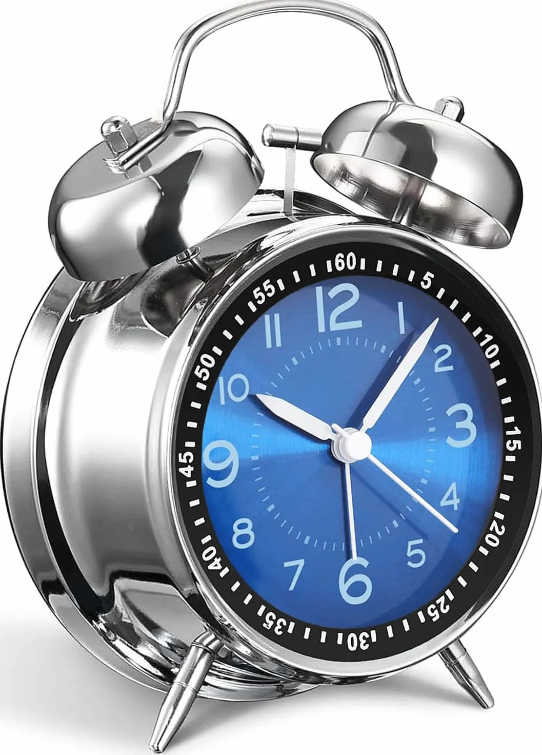 Reloj despertador vintage doble campana azul joya metálico silencioso sin tictac a pilas decoración dormitorio retro