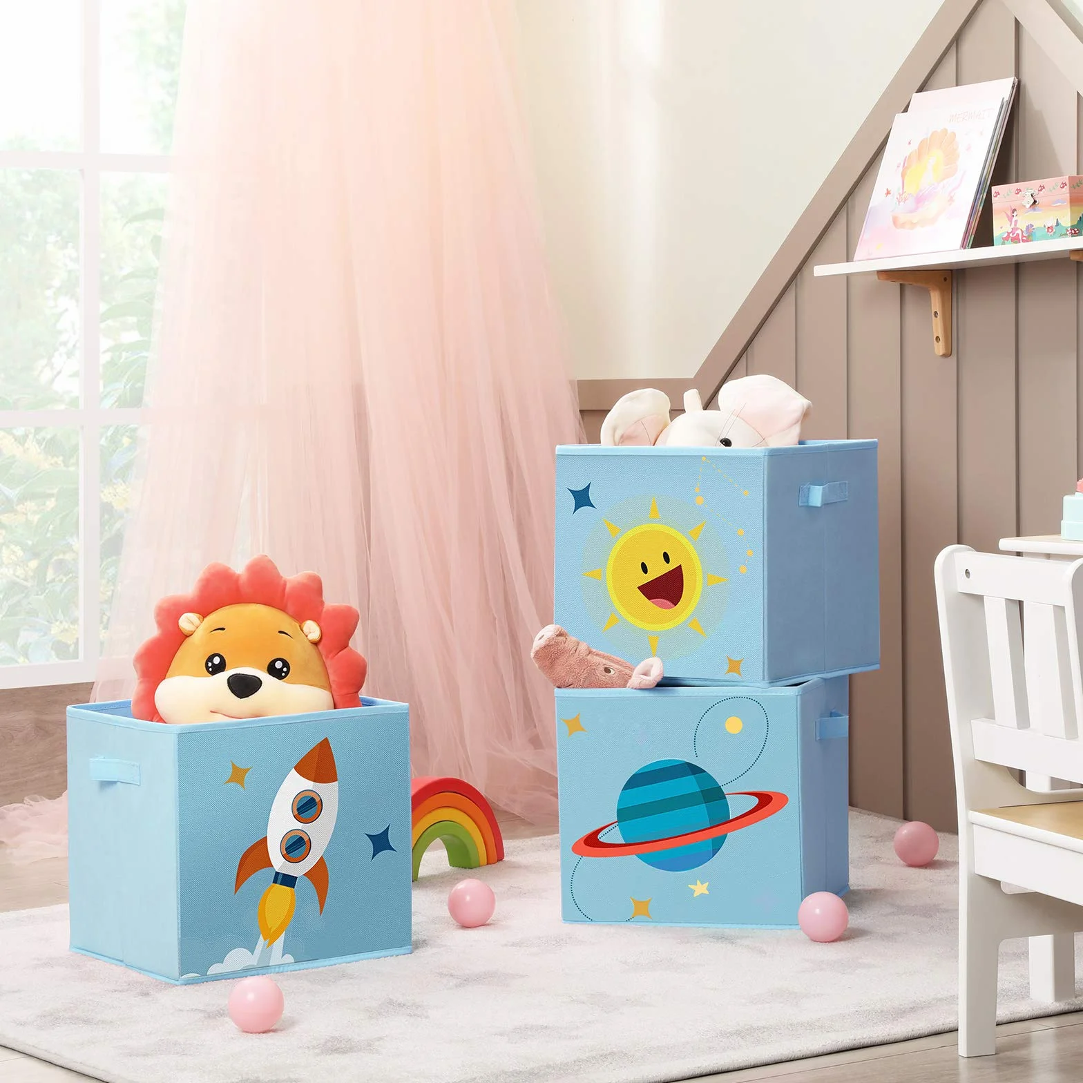 SONGMICS Cajas de Almacenaje, Juego de 3, Organizadoras de Juguetes, Cubos Plegables con Asas, para Habitación de Niños, Sala de Juegos, 30 x 30 x 30 cm, Tema del Espacio, Azul RFB001B03