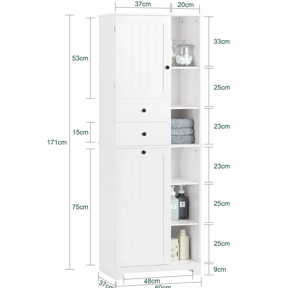 SoBuy Mueble Baño con Cesto De Ropa Sucia Y 6 Estantes, 60x37x171 Cm | Armario alto con 6 estantes y 2 cajones para ropa, toallas y productos de baño; ideal para familias. Blanco. BZR104-W