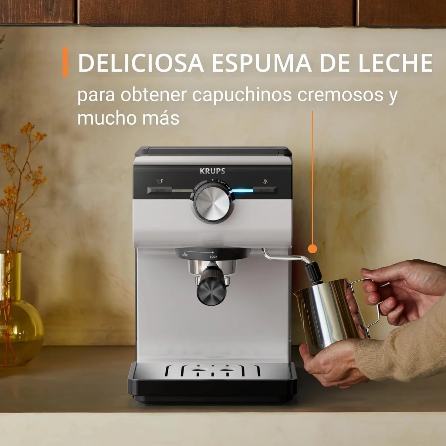 Krups Authentic, Cafetera Espresso Manual, 15 bares de presión, Espumador de leche, Ajuste Manual, Cuchara Medidora y Compactadora, depósito de 2 L de capacidad, Inox, XP381B