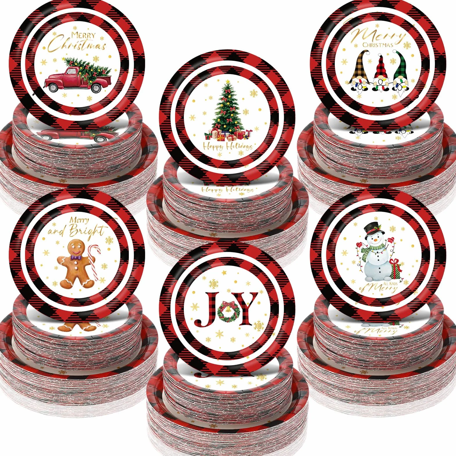 Layhit Platos de papel para fiesta de Navidad, decoración de fiesta de Navidad, platos de papel redondos desechables para fiesta de cumpleaños de Navidad, 7 pulgadas y 9 pulgadas (120 piezas)