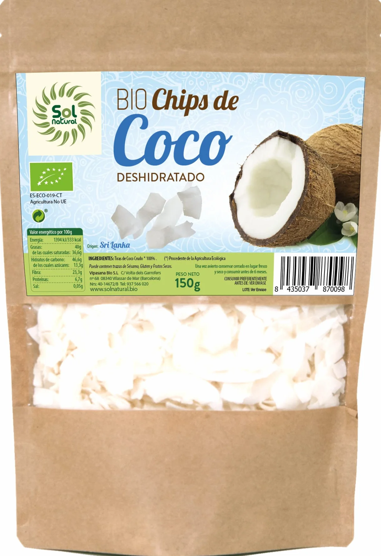Chips de coco Sri Lanka Sol Natural 150 g