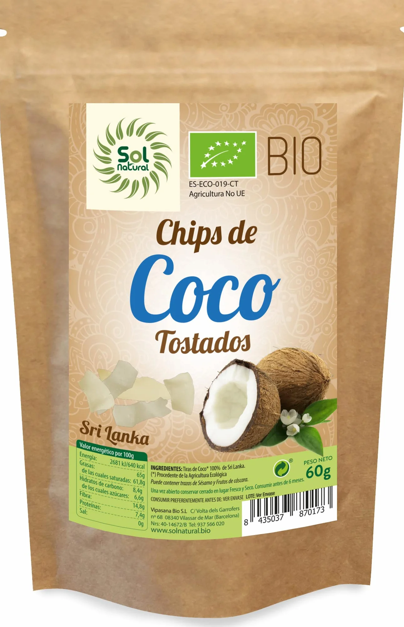 SOLNATURAL Chips TOSTADOS DE Coco Bio Sri Lanka 60 g
