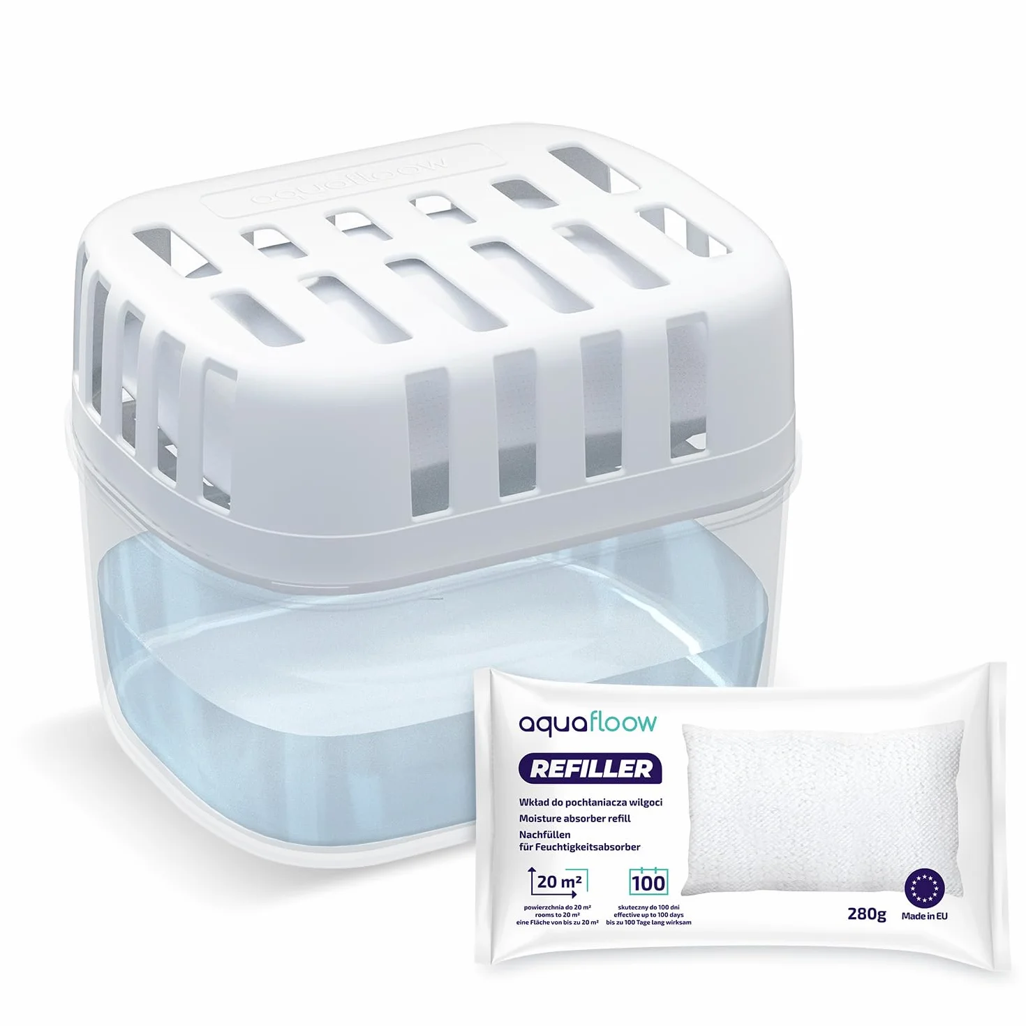 Aquafloow 4x Deshumidificadores + 8x Gránulos en Bolsa de Recarga de 280g, Bolsas de Recarga para Deshumidificadores, Paquetes de Recarga | Previene el moho y los olores desagradables.