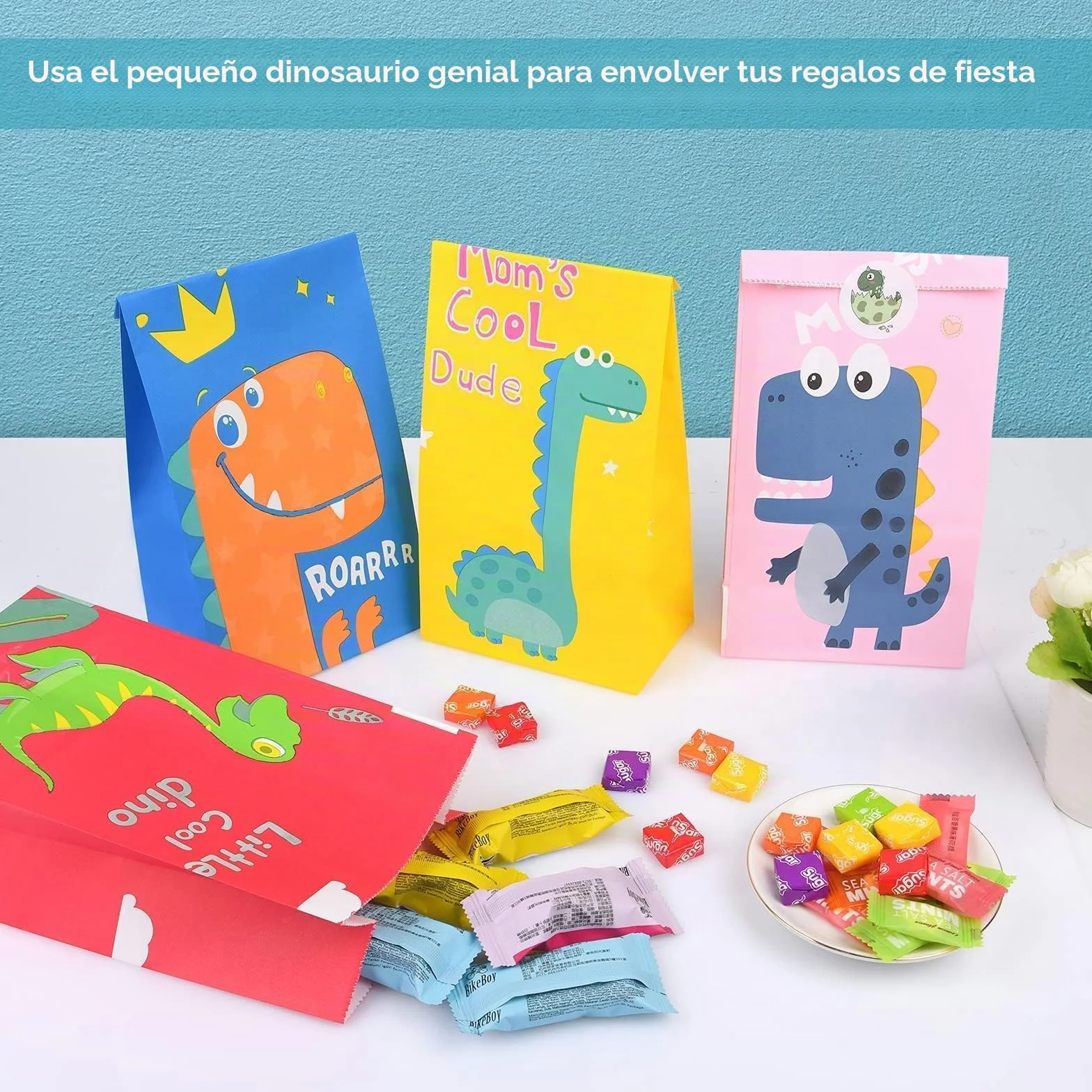Flintronic 20PCS Bolsas de Regalo de Papel, con 24 Pegatinas de Dinosaurios (2 Piezas), Bolsas Kraft para Dulces, Fiesta Infantil, Celebraciones,Cumpleaños,Halloween,Navidad