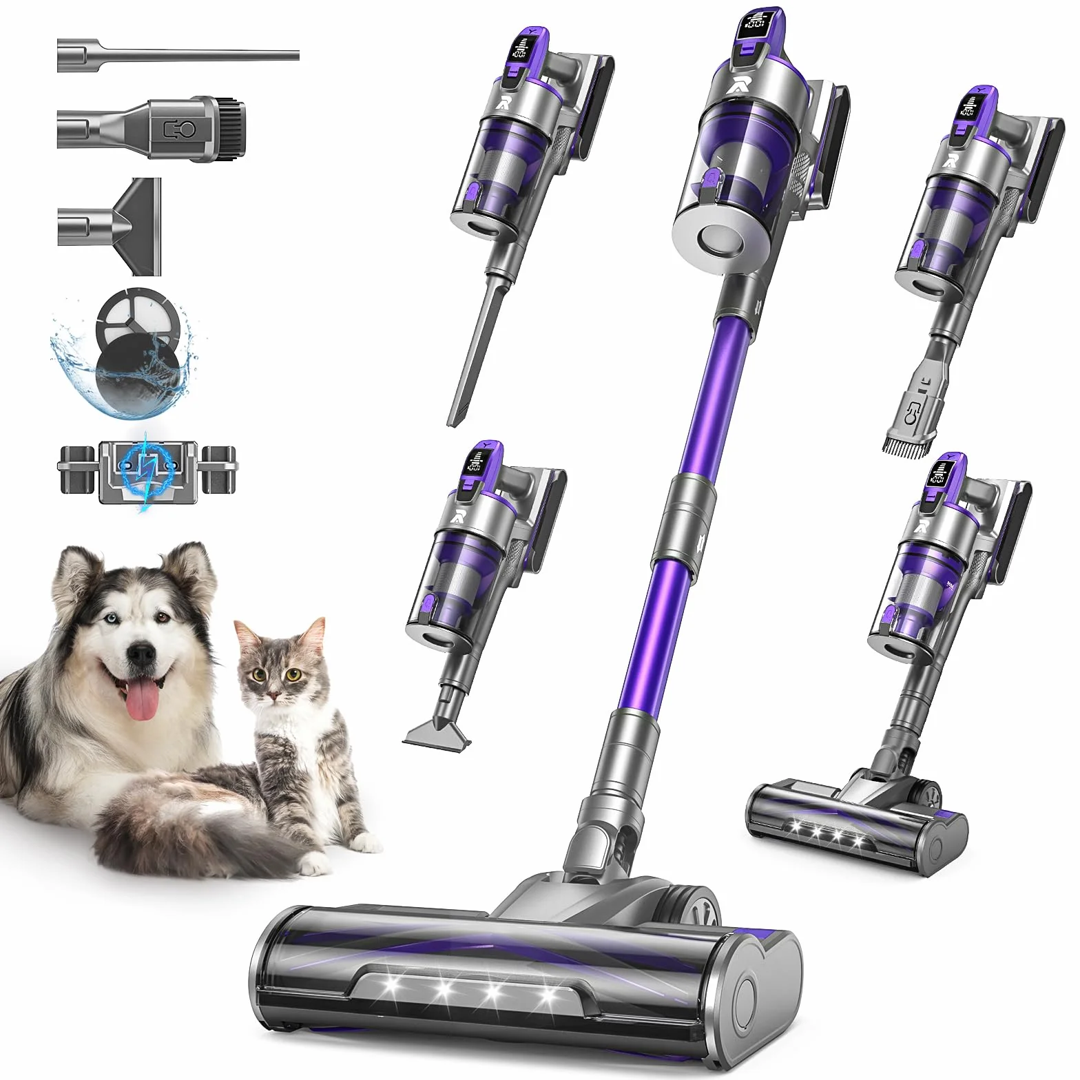 Redkey X18 Aspiradora sin Cable 60KPa/650W/80Mins, 8 en 1 Aspiradora Inalámbrico de Pantalla Tactl LED Modo Automatico Inteligente Autocargable, Autoportante para Suelos/Alfombras/Pelo de Animales