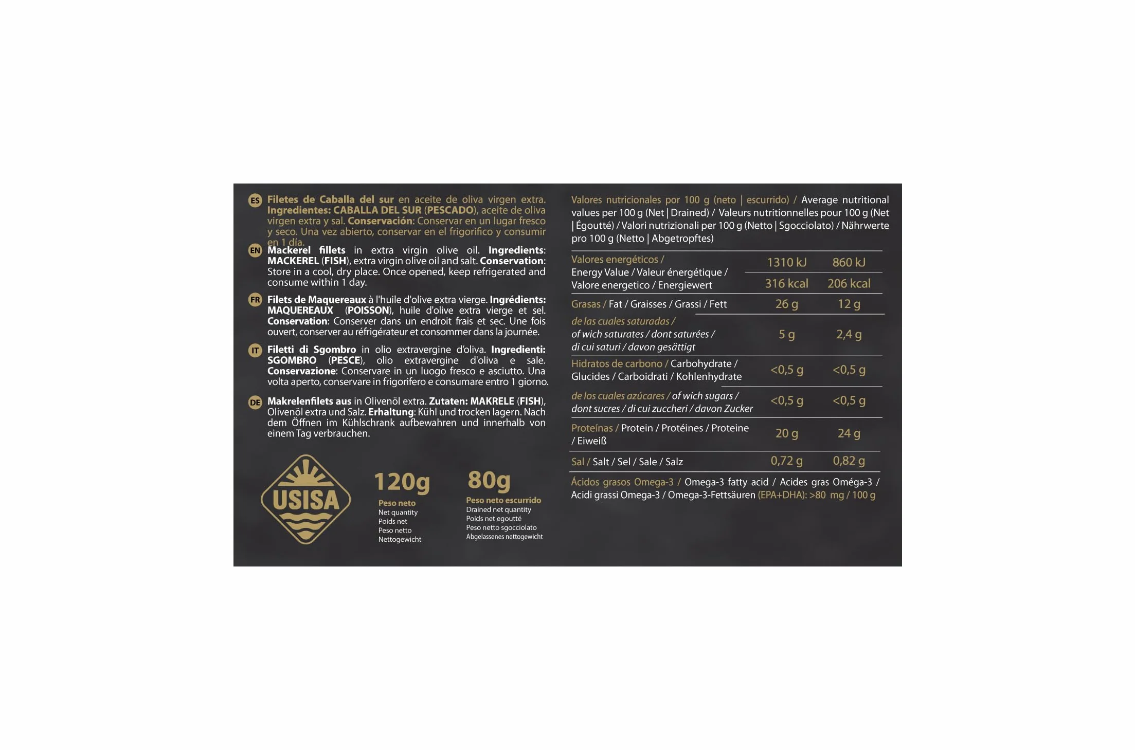Conserva de Pescado Filetes de Caballa en Aceite de Oliva Virgen Extra Pack de 5 Latas 120g