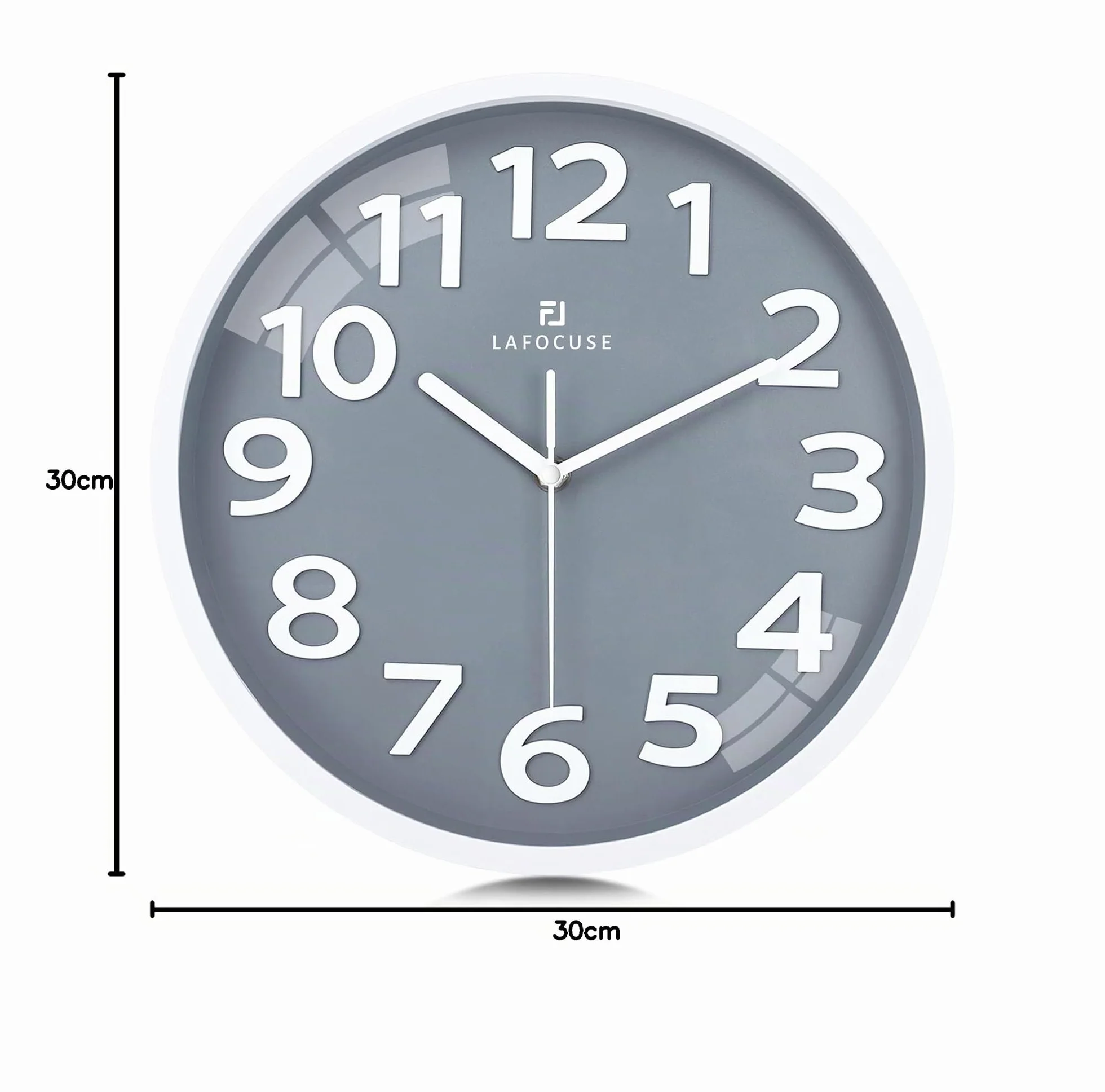 Lafocuse 30cm Reloj de Pared Números Grande 3D, Gris Silencioso Moderno Reloj Cocina Pared Fácil de Leer, Decorativo sin Tictac para Salon Dormitorio Oficina