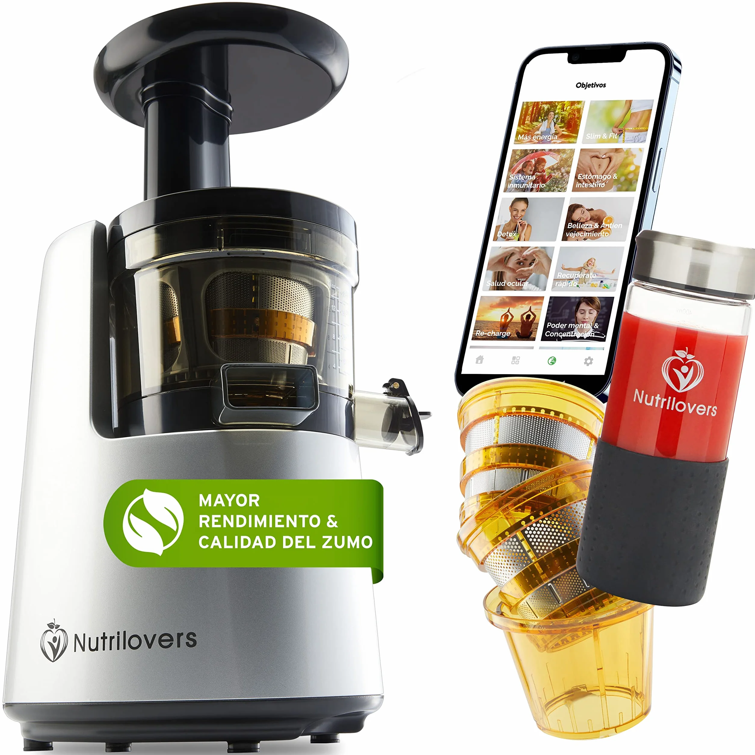 *NUEVO* NUTRI-PRESS NO.1 Exprimidor lento de 3 coladores para zumos, batidos y frutas heladas - Muy silencioso y 100% libre de BPA - Exprimidor eléctrico de frutas, verduras y apio