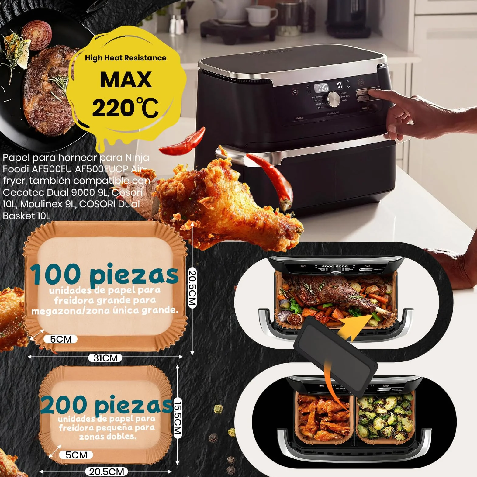 300 Piezas Papel Freidora Aire para Ninja Foodi Flexdrawer 10,4L,Papel Para Freidora de Aire Dual Zone,Accesorios para Airfryer Ninja AF500EU AF500EUCP,Cosori Dual Blaze TwinFry 10L,Cecotec 9L 10L 11L