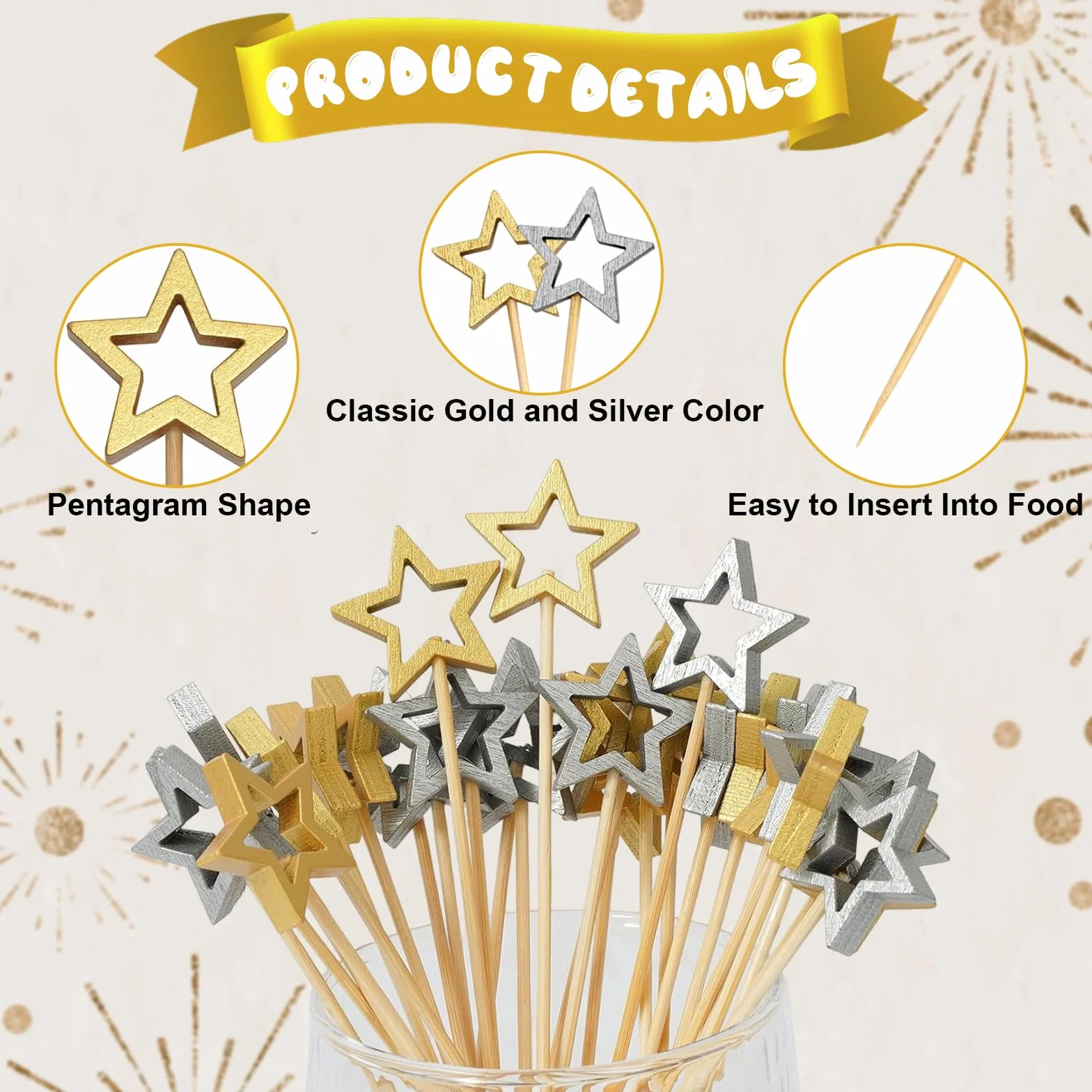 Pinchos de Cóctel con Pentagrama Palillos para Aperitivos de Madera Dorado 100 Piezas