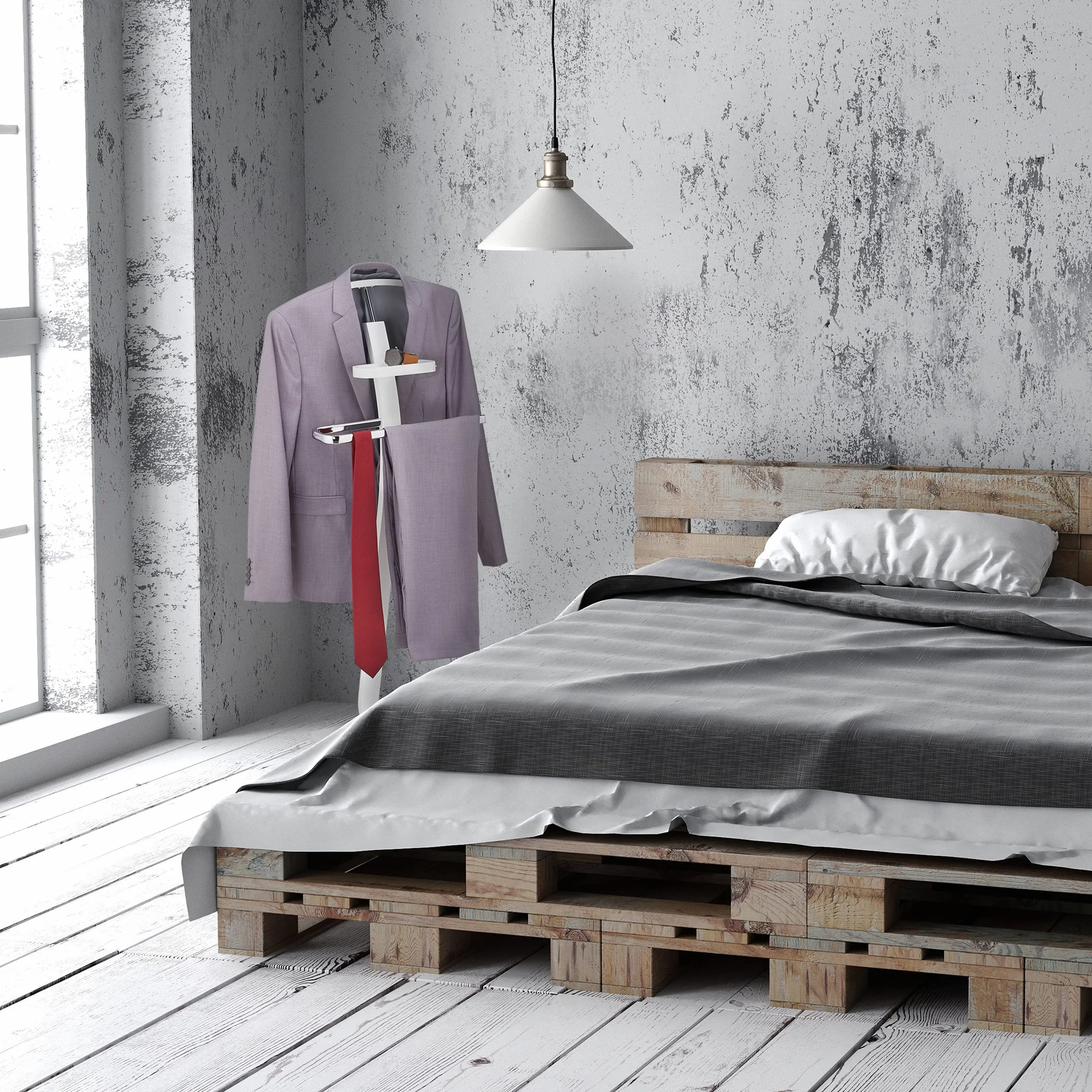Relaxdays Galán de Noche Moderno Balda, Colgador Traje, 112x46x32 cm, Blanco y Plateado