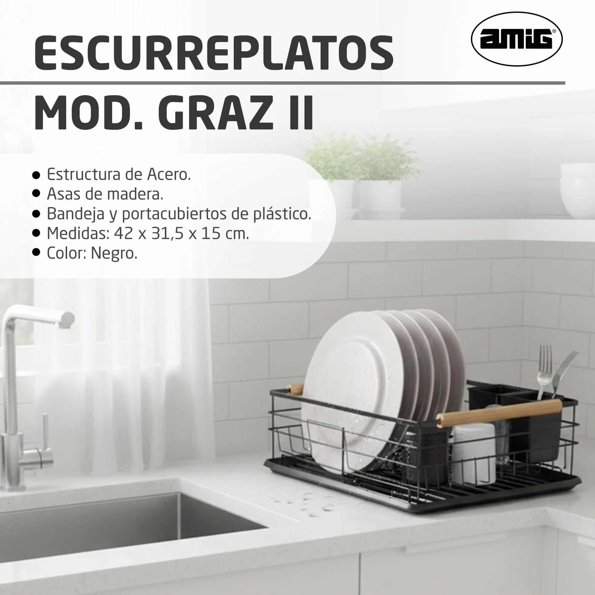 Amig - Escurreplatos Graz II Negro - 42 x 31,5 x 15 cm - Acero con Mango de Madera - Color Negro - Escurreplatos con Bandeja de Goteo y Soporte para Cubiertos - Capacidad 10 Platos y 6 Vasos