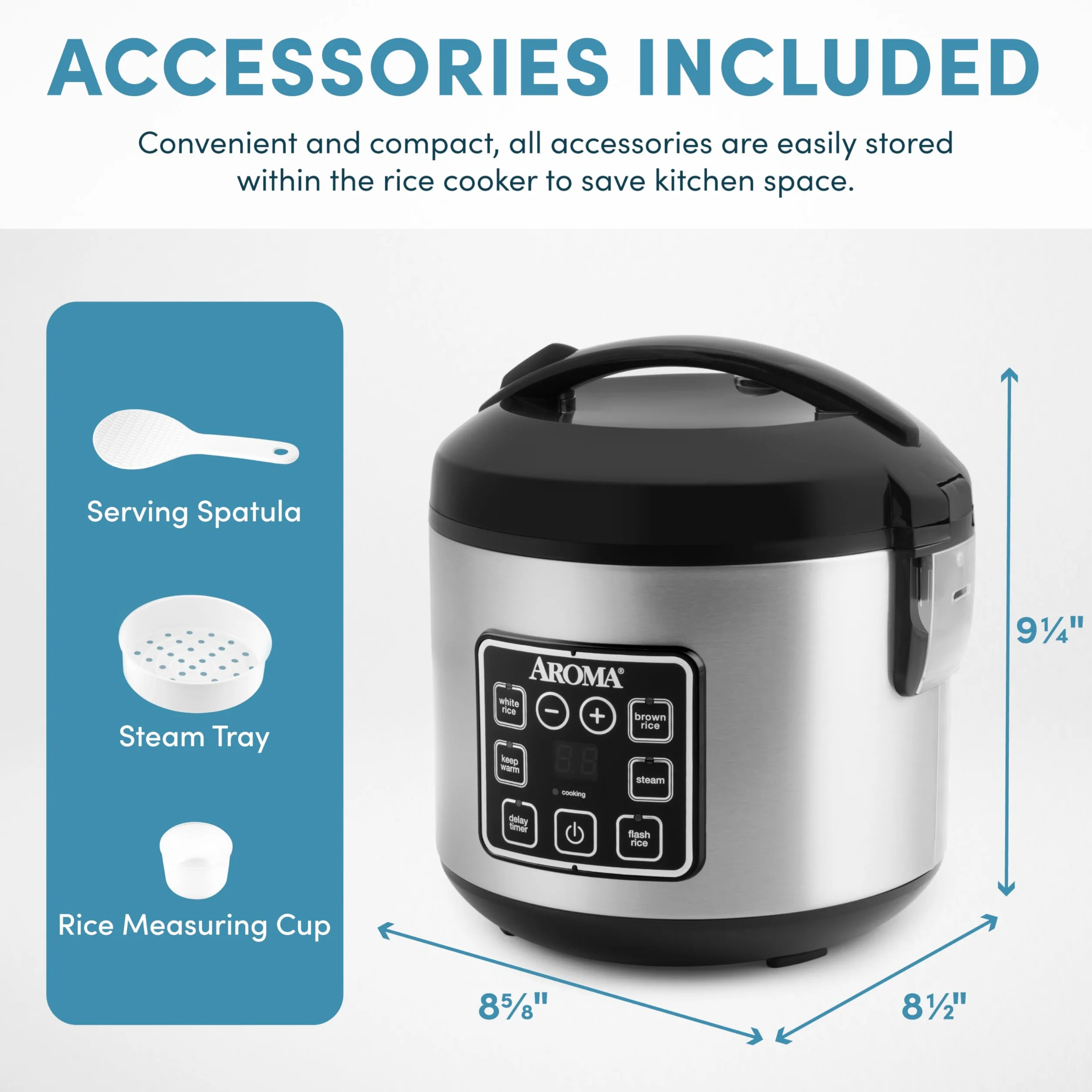 Aroma Cool Touch Digital Multicooker 8 tazas Acero Inoxidable Negro