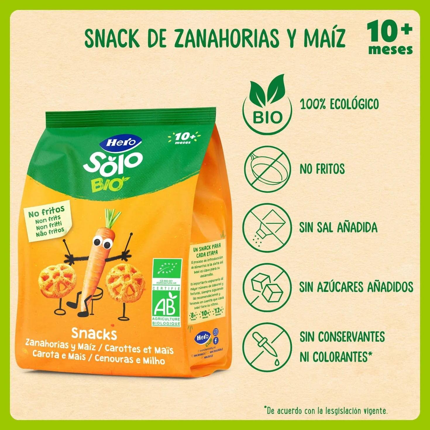 Hero Solo Snack de Zanahorias y Maíz Cereales BIO 100% ECO Pack 6 x 40 g