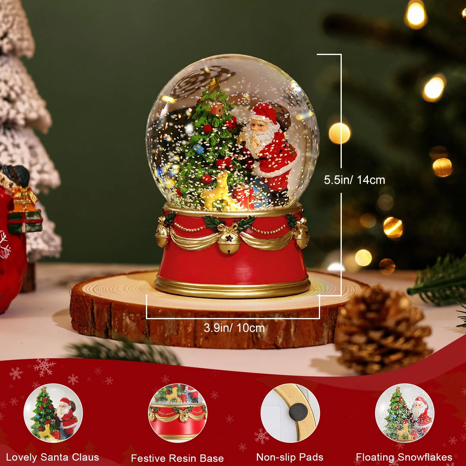 Lewondr Globo de Nieve Navideño, Globo de Cristal Alimentación por Pilas, Globo de Nieve Eléctrico de Papá Noel con Copos de Nieve y Luces, Decoración Navideña para el Hogar, Fiestas, Sobremesa, Rojo