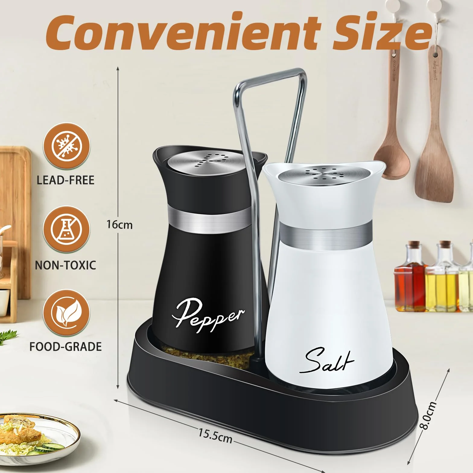 Juego de Salero y Pimentero de Vidrio Negro y Blanco con Bandeja, Acero Inoxidable, Set para Cocina