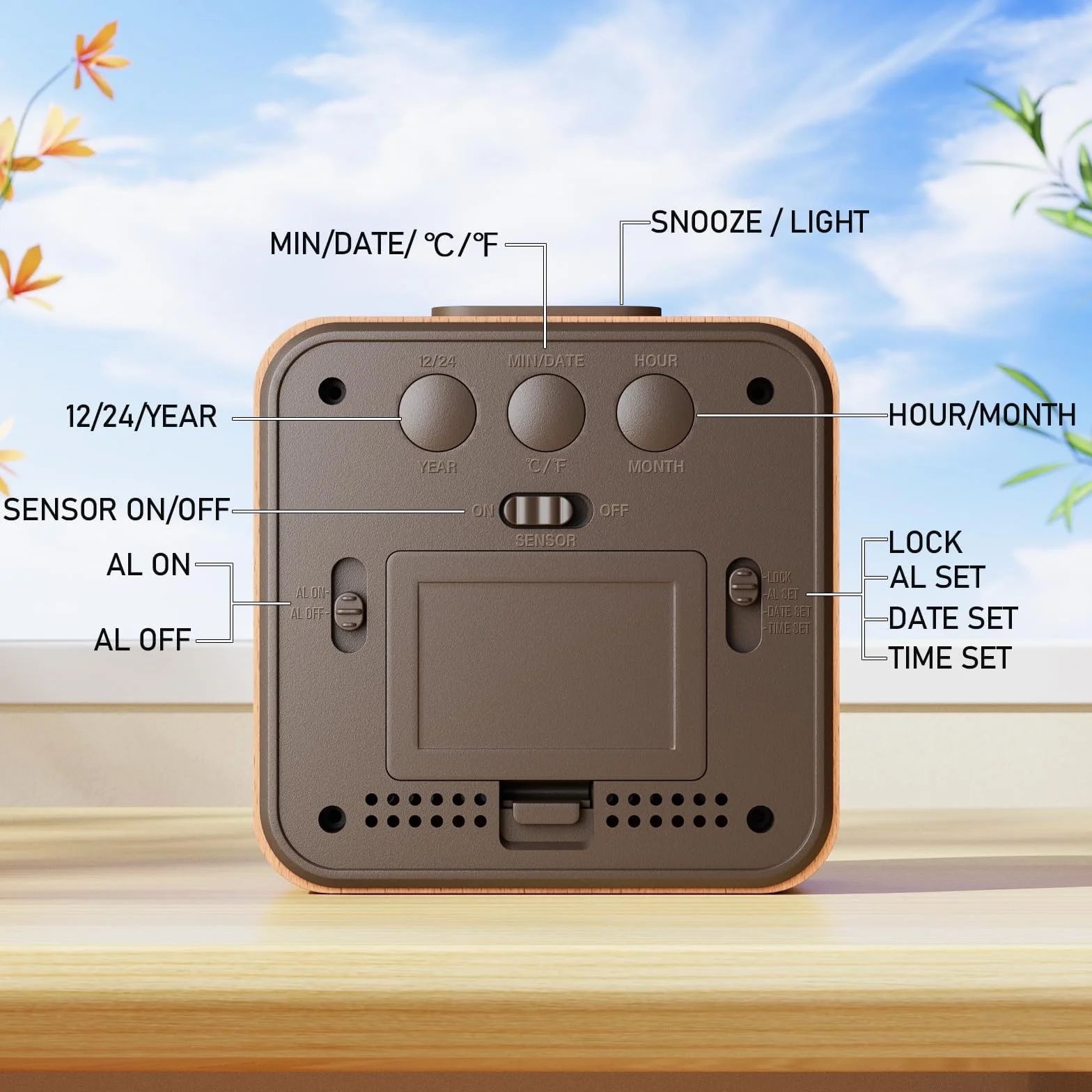 Despertador Digital, Reloj Despertador Digital de Madera Pilas con Sensor de Luz, Retroiluminación LCD, Snooze 5 Min, Temperatura, Fecha y Día de la Semana (Madera)