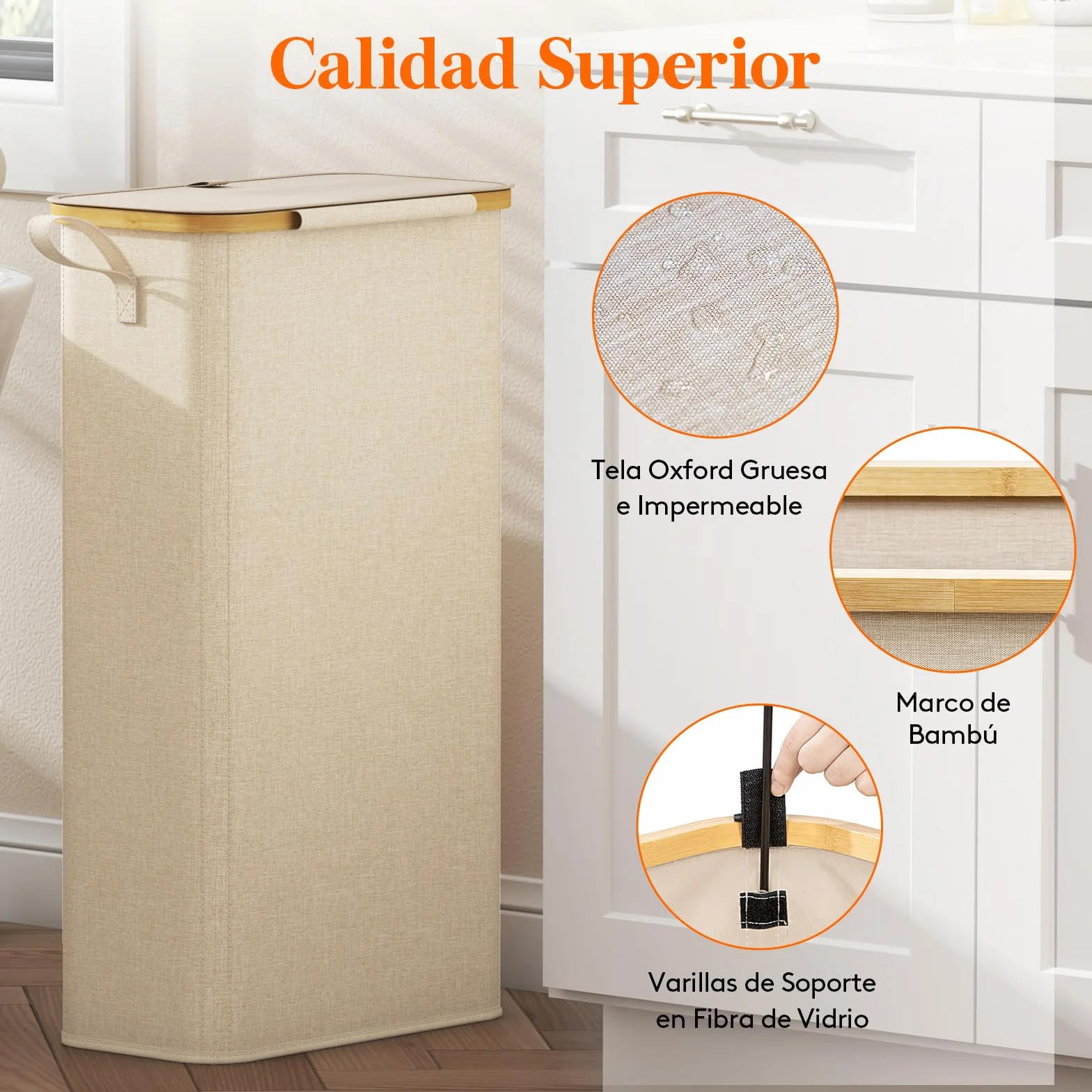 Lifewit Cesto Ropa Sucia Estrecho con Tapa, Cesto de Ropa Plegable con Bolsa Extraíble y Asa, Cesta Ropa Sucia de Bambú, Cubo de Ropa para Dormitorio, Baño, Lavandería, Dormitorio, 70 L, Beige
