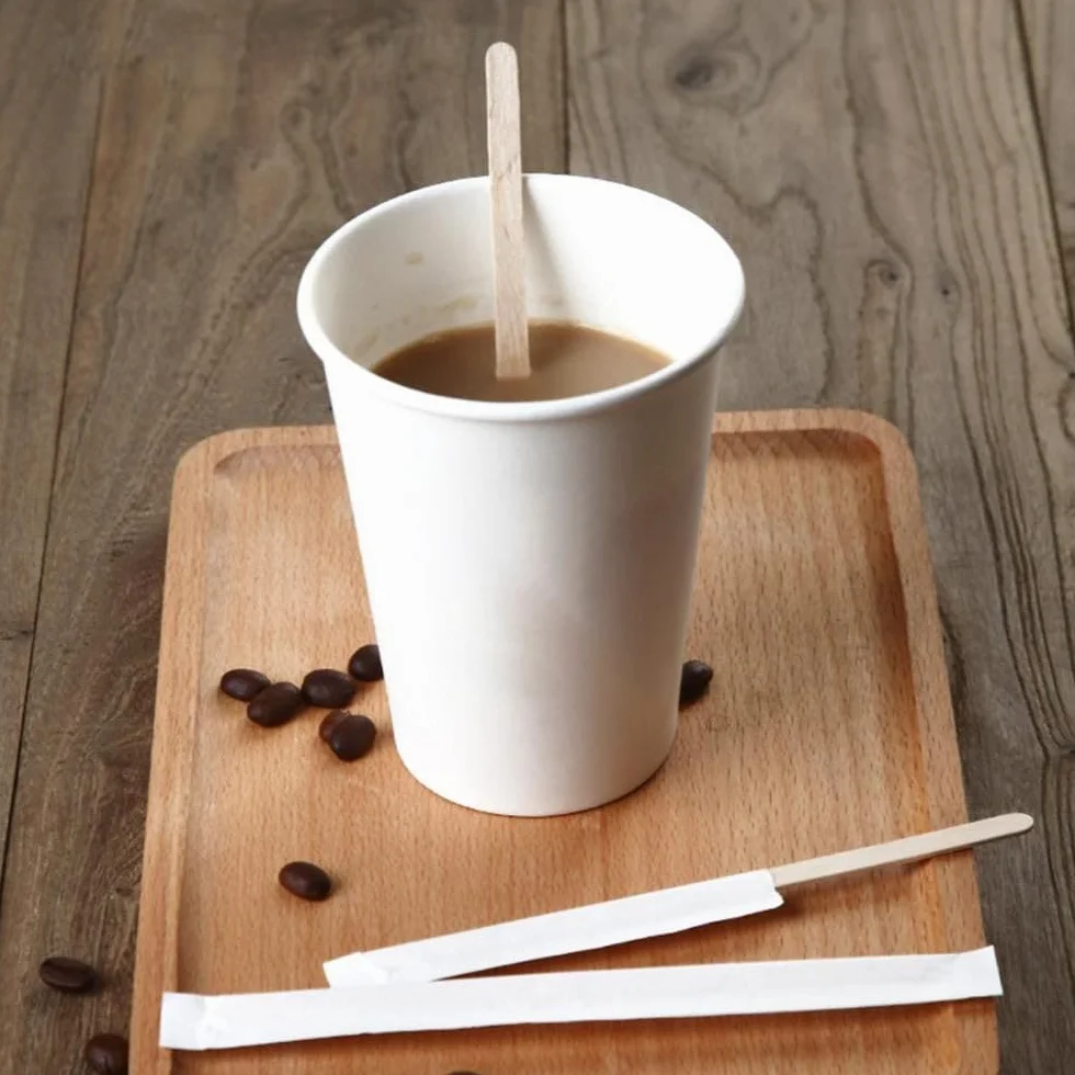 500 Paletinas de Madera envueltos Individualmente en Papel de 11 cm. Palitos de café Desechables, Palitos removedores de café biodegradables. Agitadores de café.