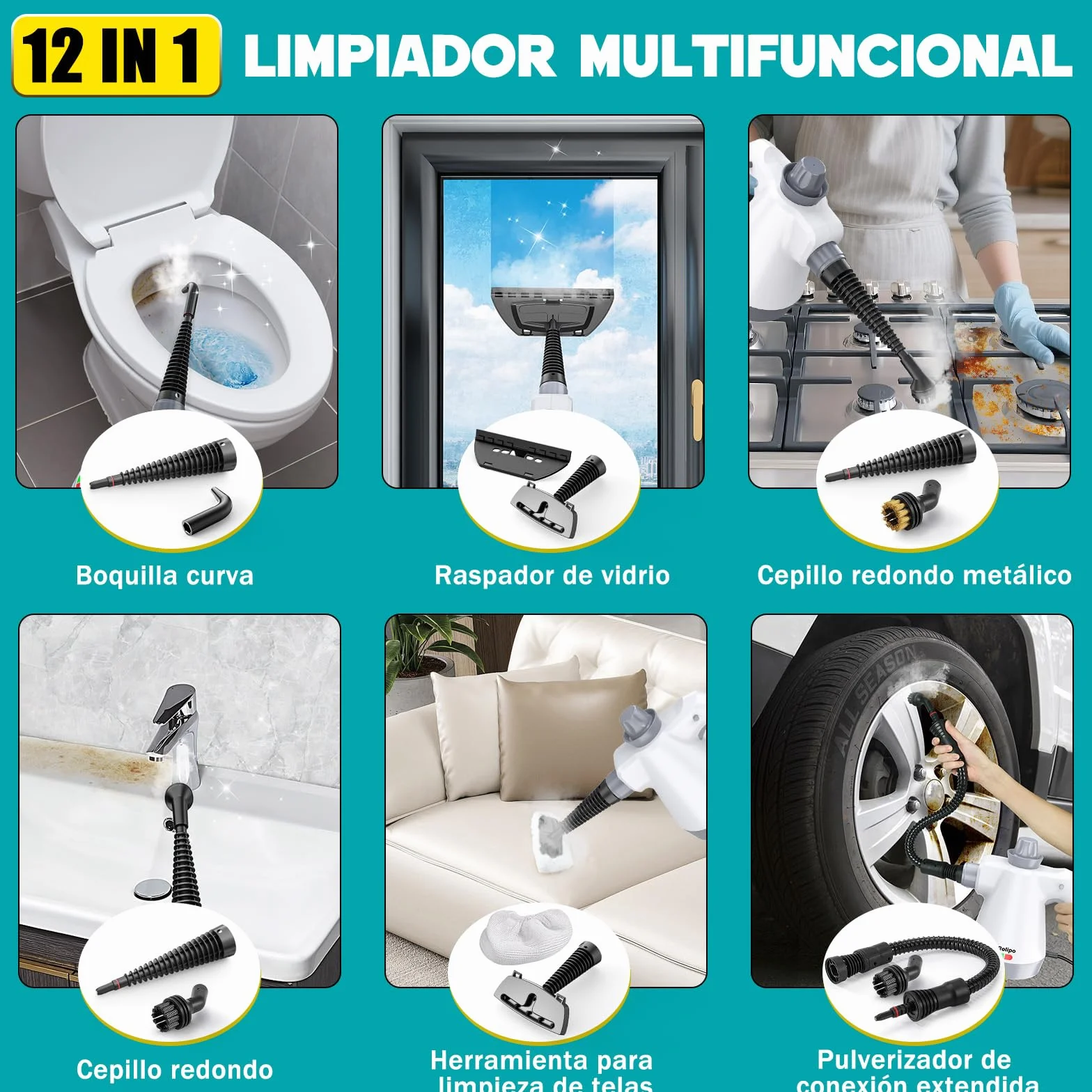 Rolipo Limpiador a Vapor Portátil 12 Accesorios Cierre de Seguridad Pistola Multifuncional