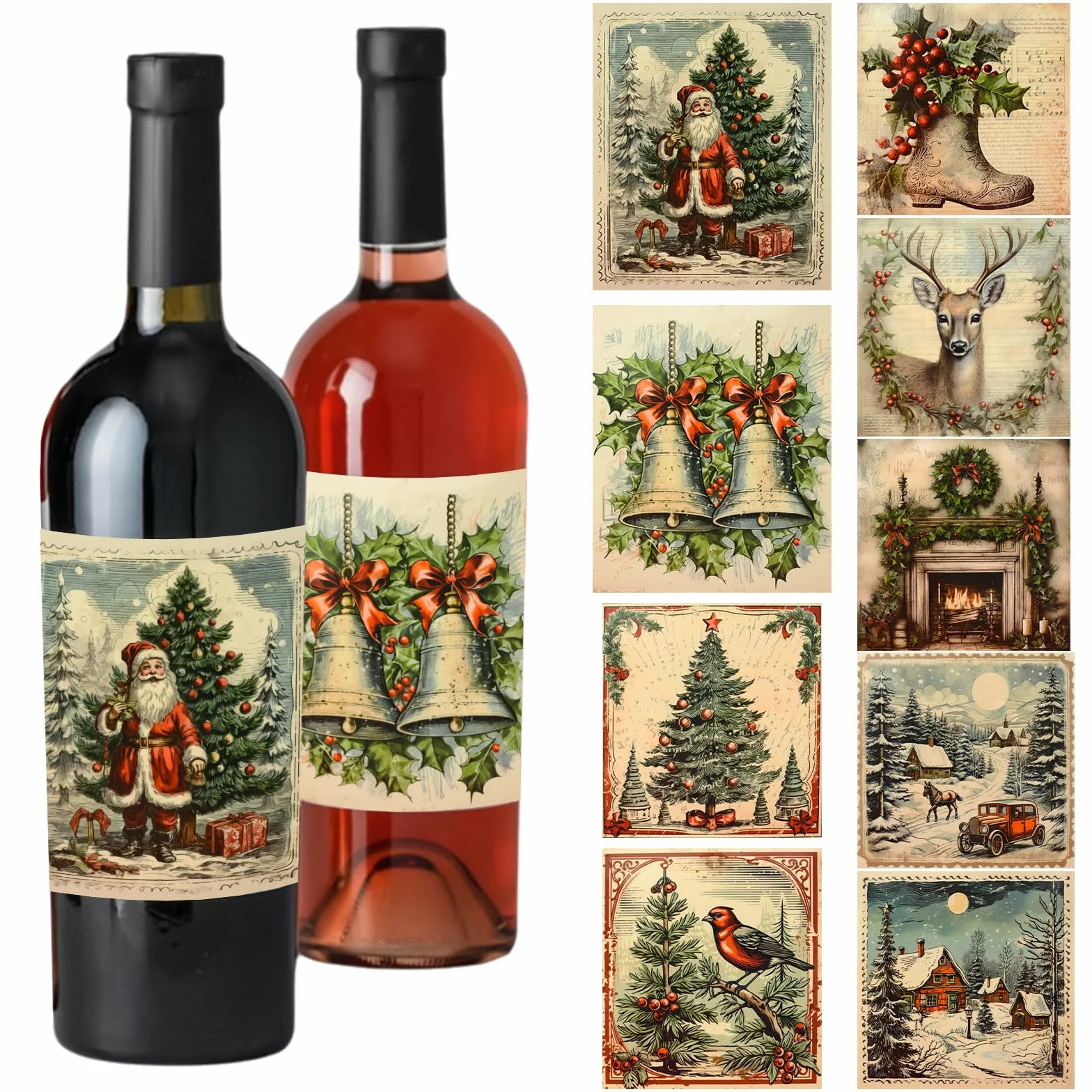 45 etiquetas para botellas de vino de Feliz Navidad, 9 diseños, calcomanías vintage de Navidad para botellas de vino, envoltorios de bebidas para regalos de fiesta, suministros de decoración